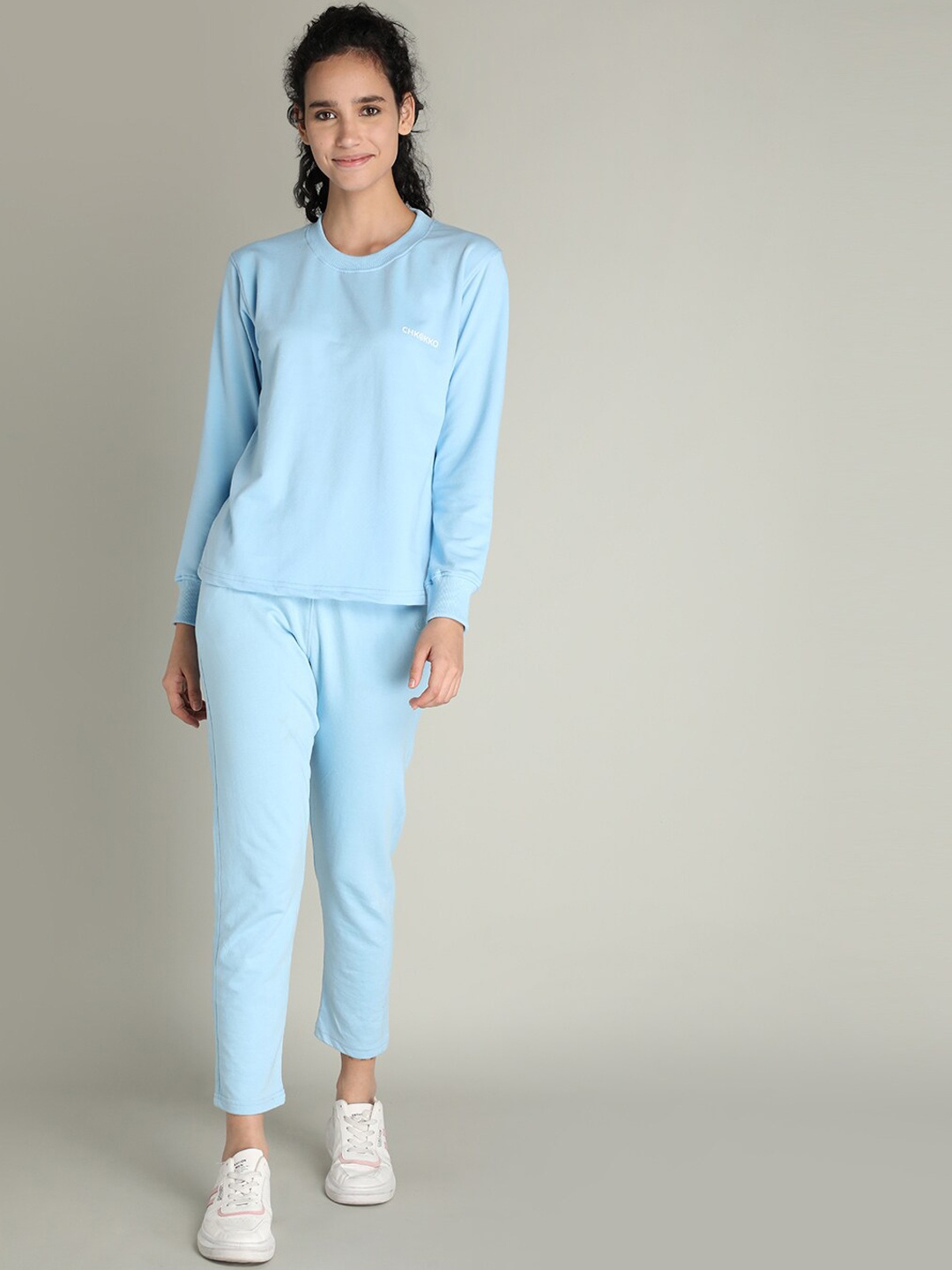 

CHKOKKO Women Blue Solid Co-Ords Set