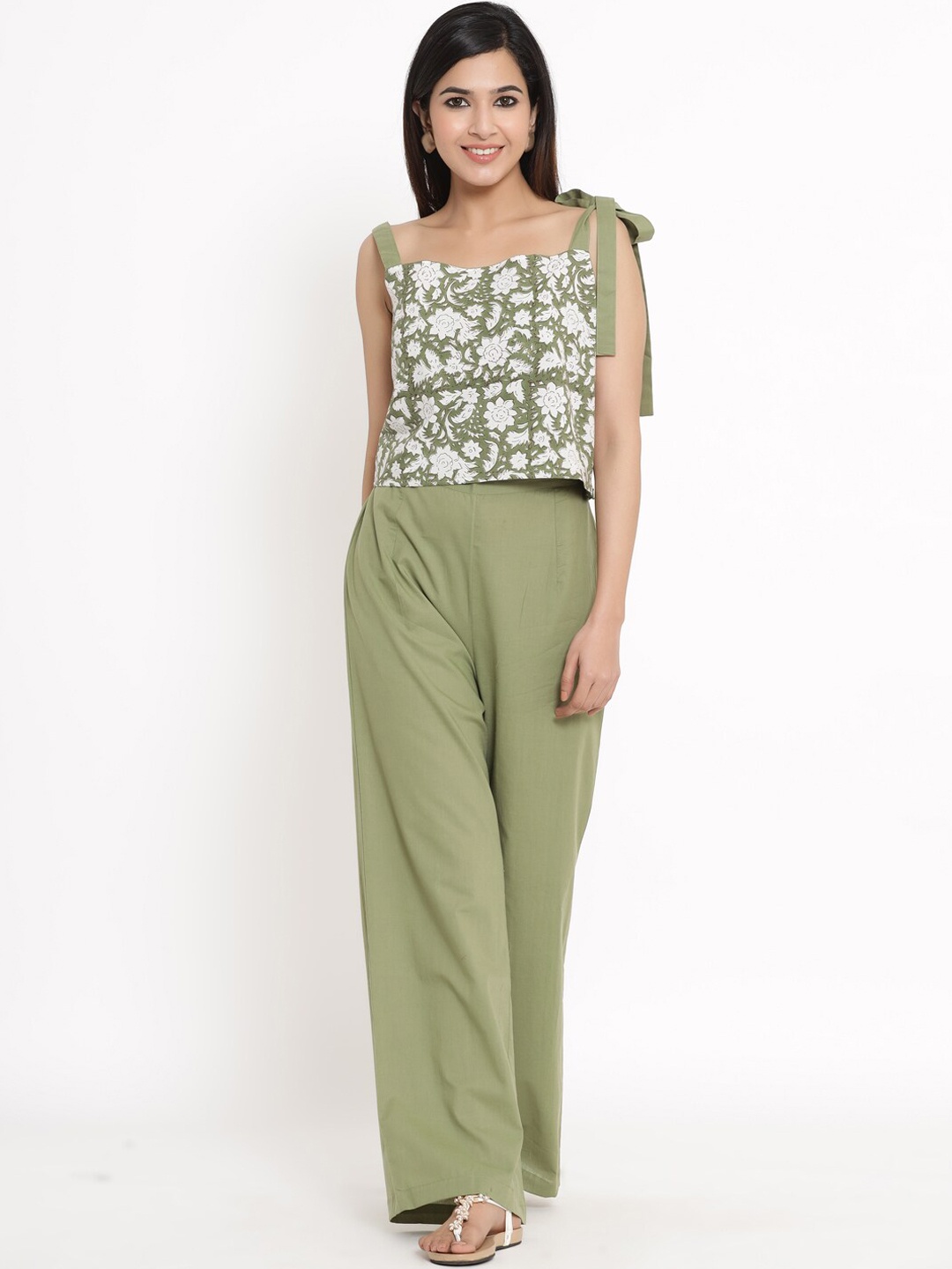 

kipek Women Floral Printed Pure Cotton Top with Palazzos, Green