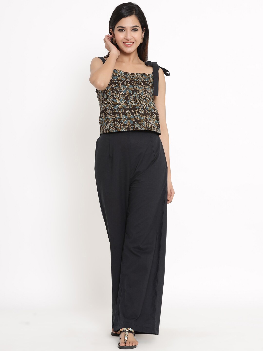 

kipek Women Floral Printed Pure Cotton Top with Palazzo, Brown