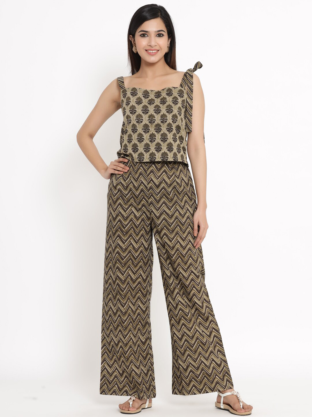 

kipek Women Printed Pure Cotton Top with Palazzos, Brown