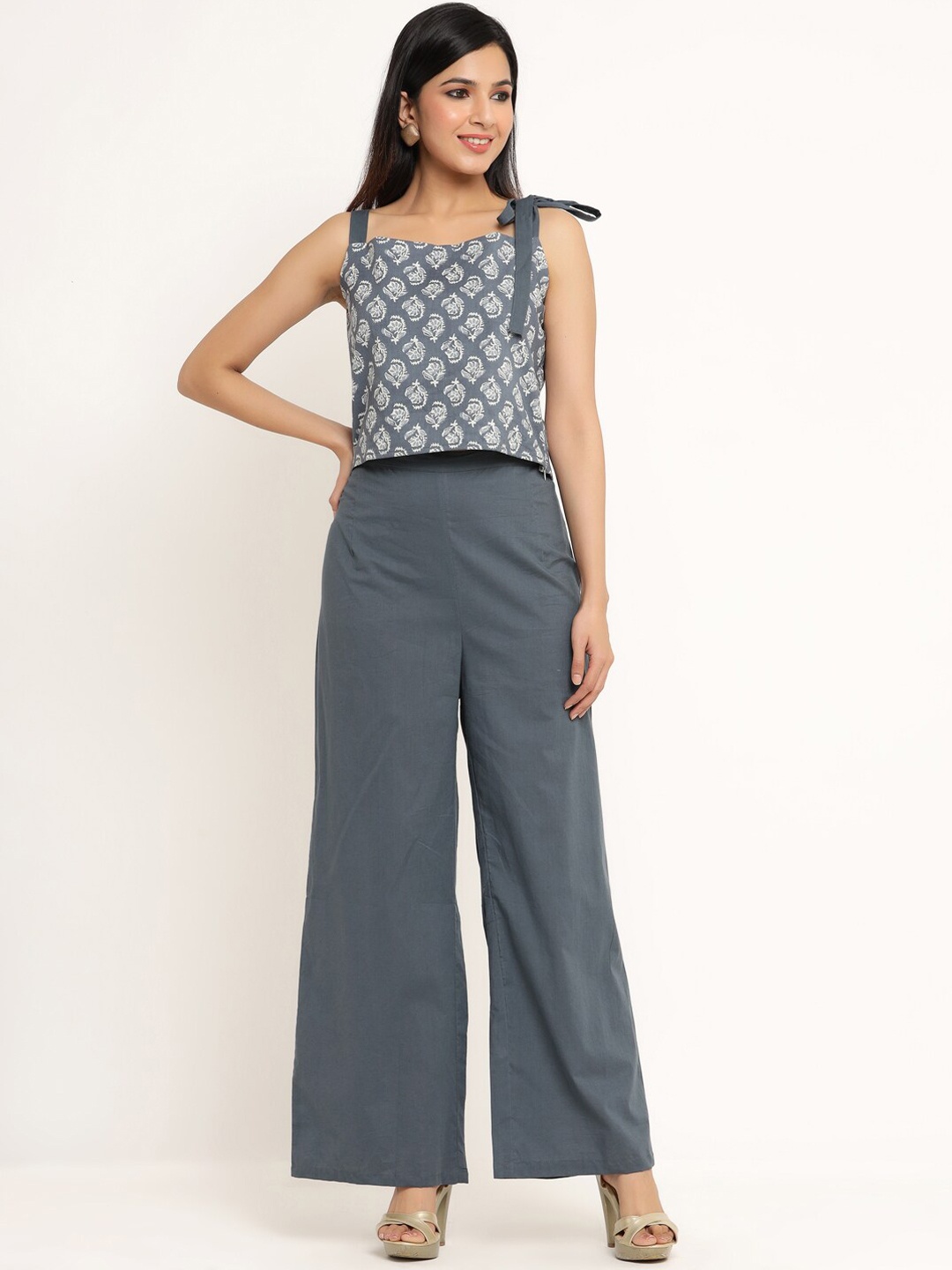 

kipek Women Floral Printed Top with Palazzos, Grey