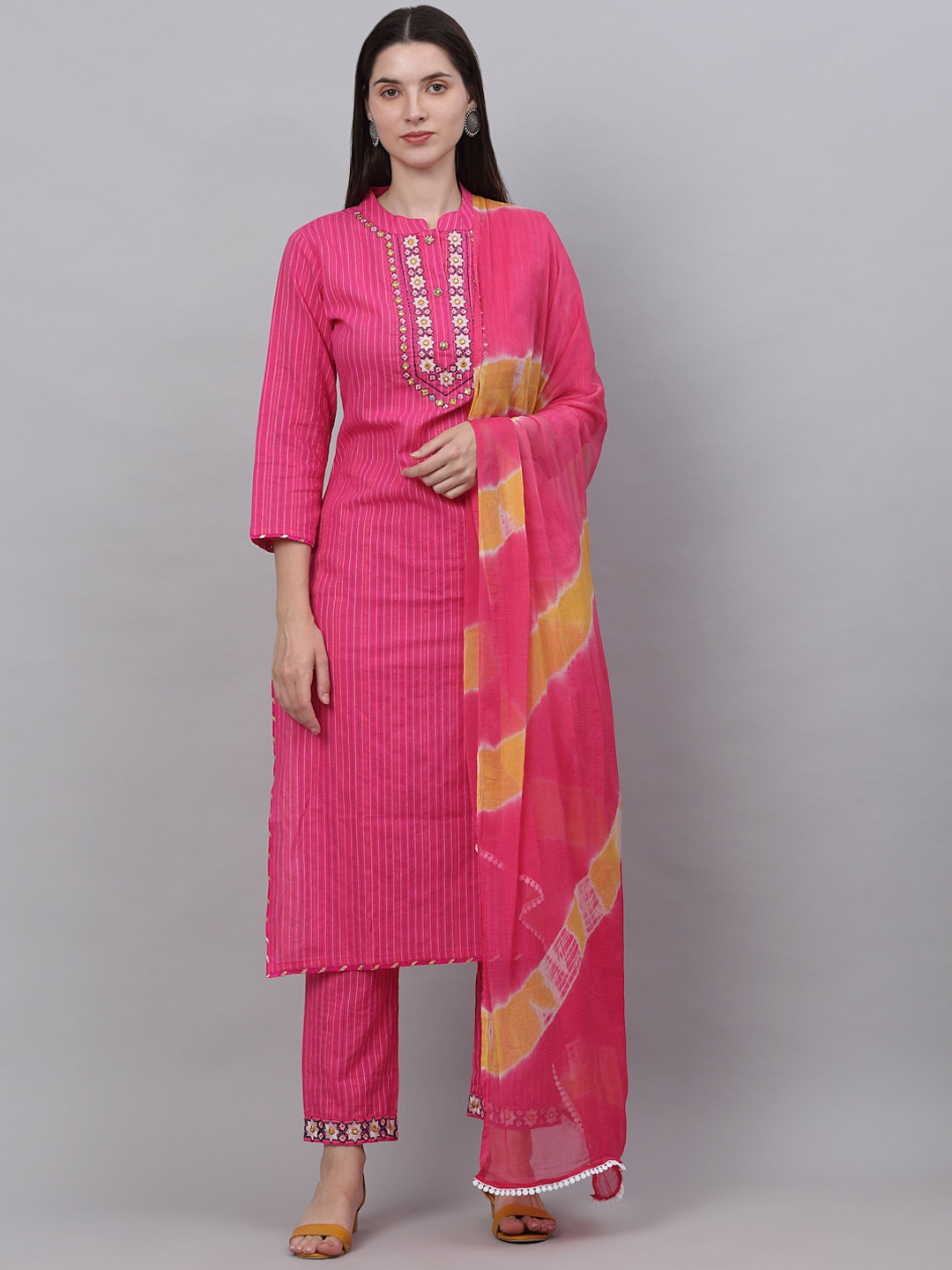 

Assamica Women Embroidered Mirror Work Cotton Kurta with Trousers & With Dupatta, Pink