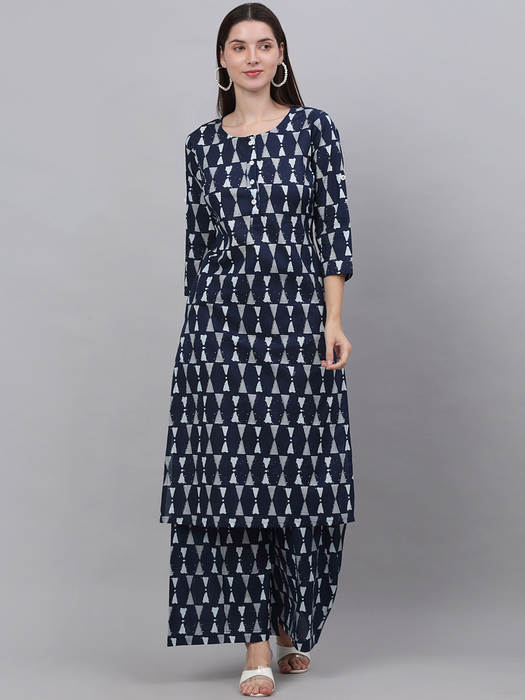 

Assamica Women Ethnic Motifs Printed Empire Pure Cotton Kurta with Palazzos, Navy blue