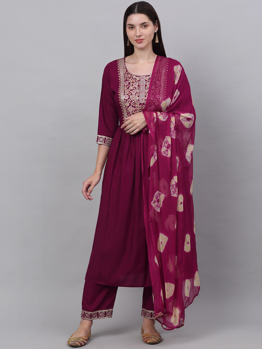 

Assamica Women Ethnic Motifs Yoke Design Sequinned Kurta with Palazzos & With Dupatta, Burgundy