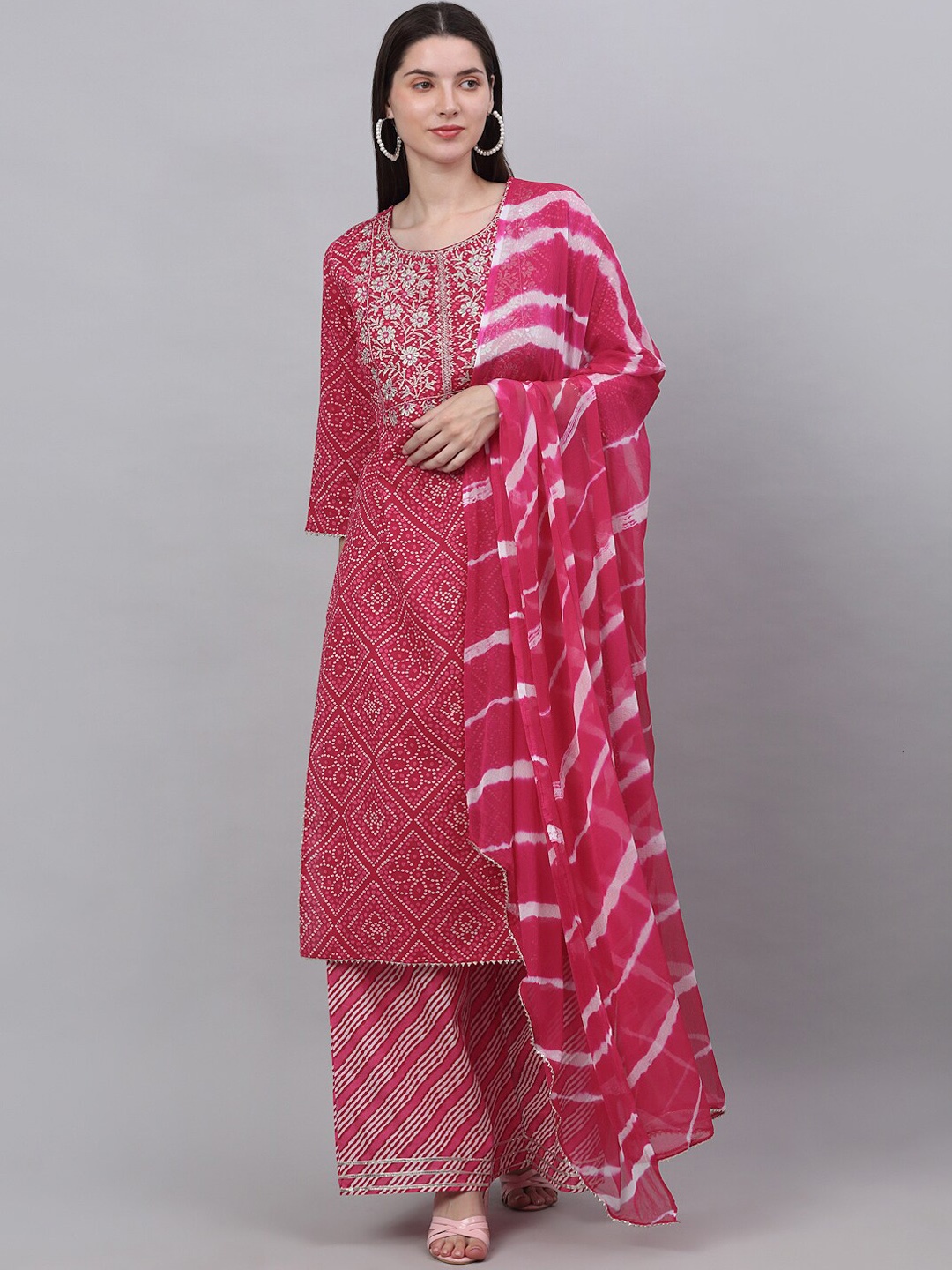 

Assamica Women Pink Floral Yoke Design Sequinned Kurta with Palazzos & With Dupatta