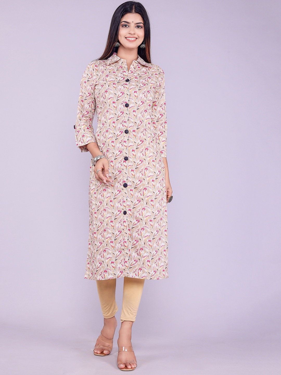 

Sanganeri Kurti Women Beige & Pink Floral Printed Kurta