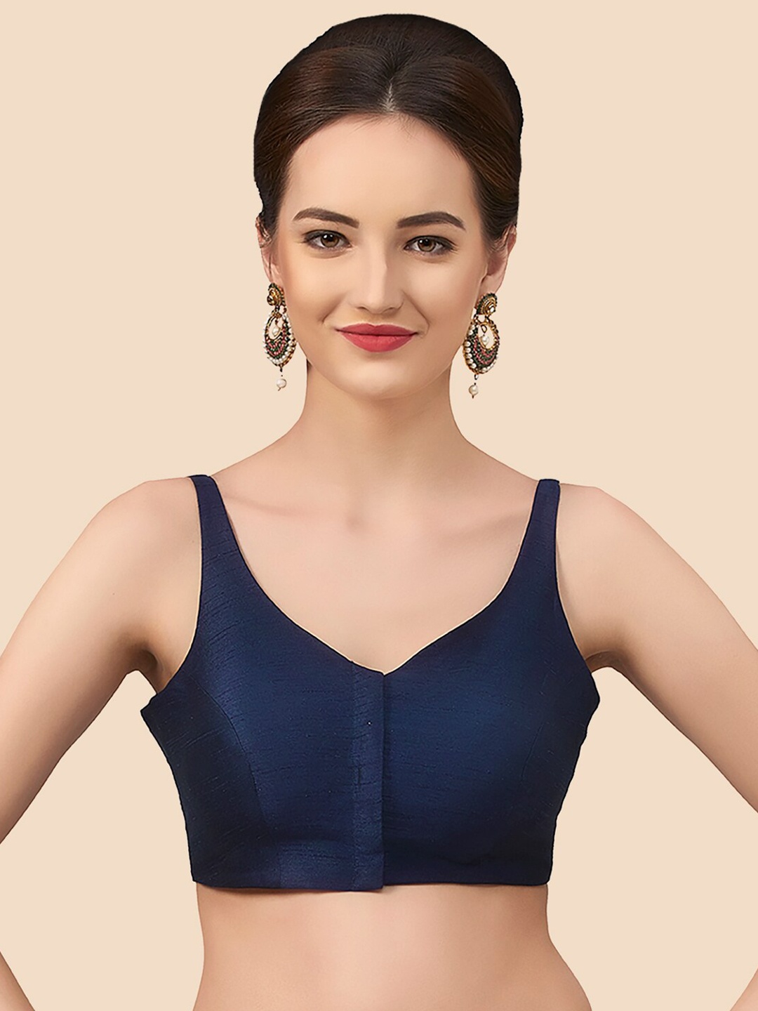 

neckbook Women Navy Blue Solid Silk V Neck Saree Blouse