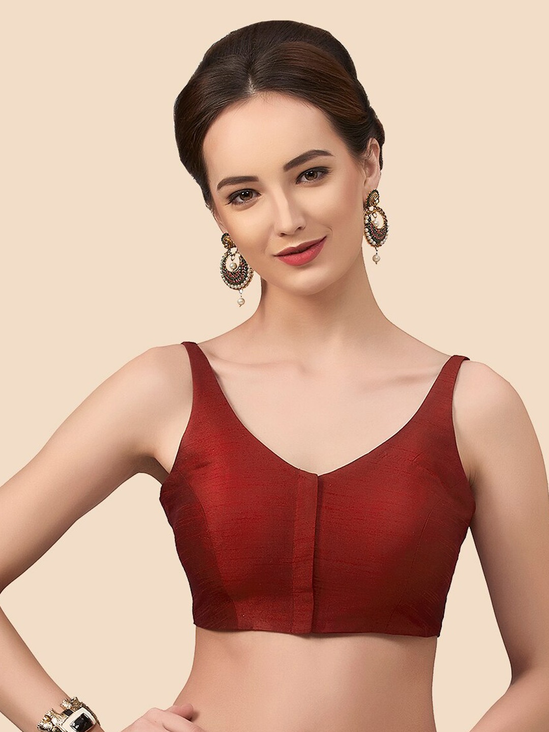 

neckbook Maroon Red Solid Padded Raw Silk Saree Blouse