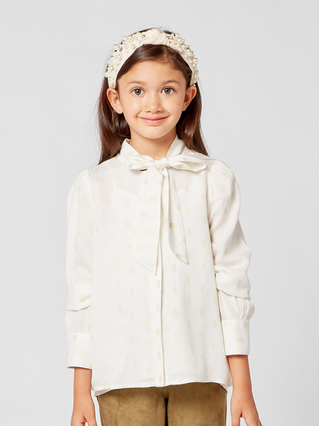 

One Friday Girls Off White Woven Design Knot Detail Relaxed Casual Shirt