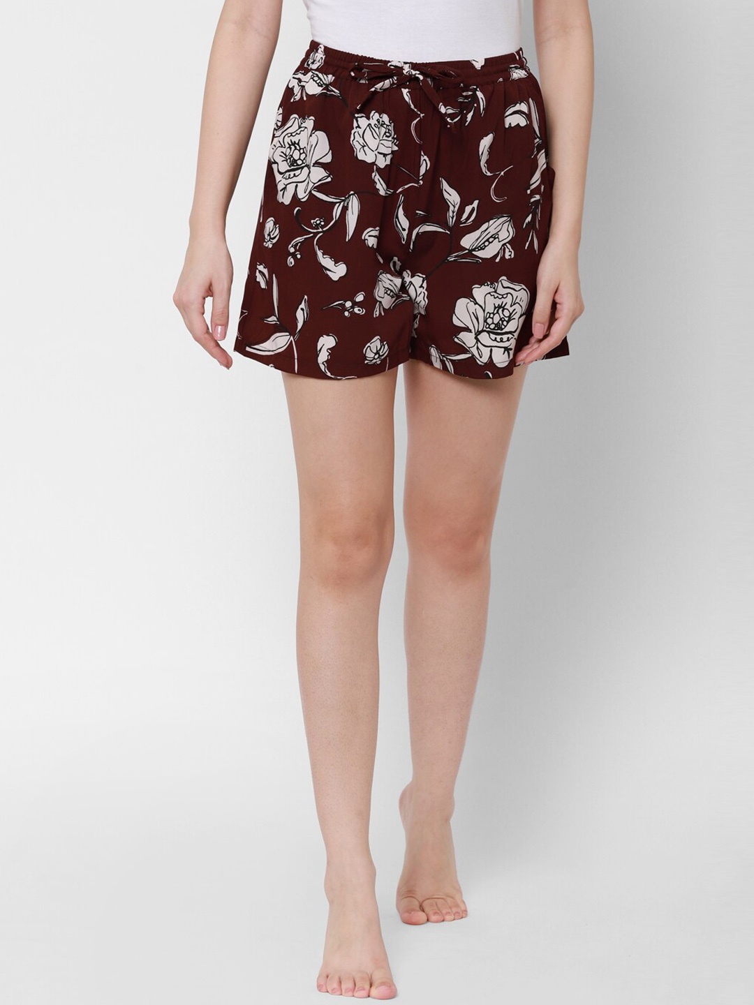HOUSE OF KKARMA Women Floral Printed Shorts, Burgundy