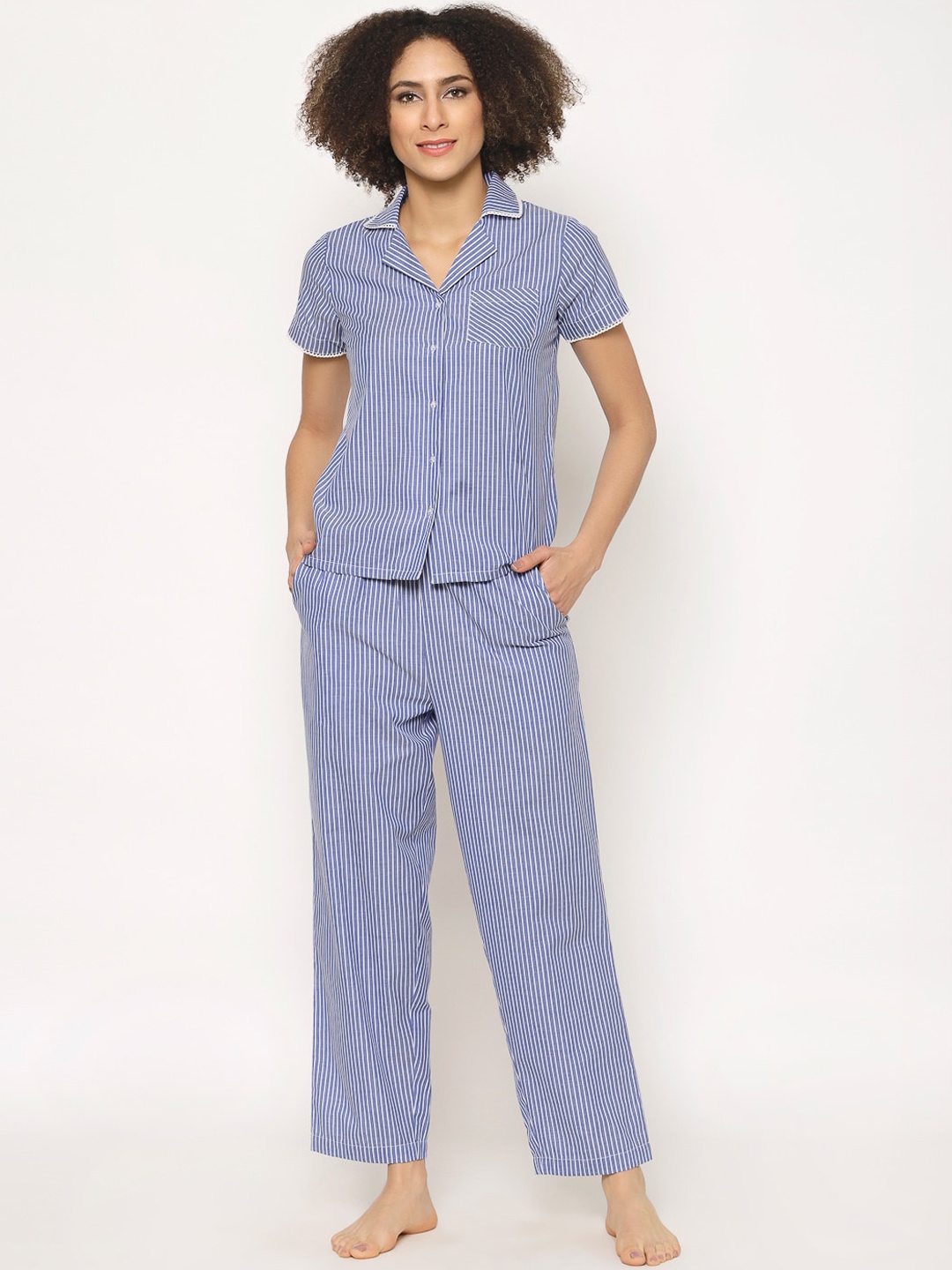 

HOUSE OF KKARMA Women Striped Pure Cotton Night suit, Blue