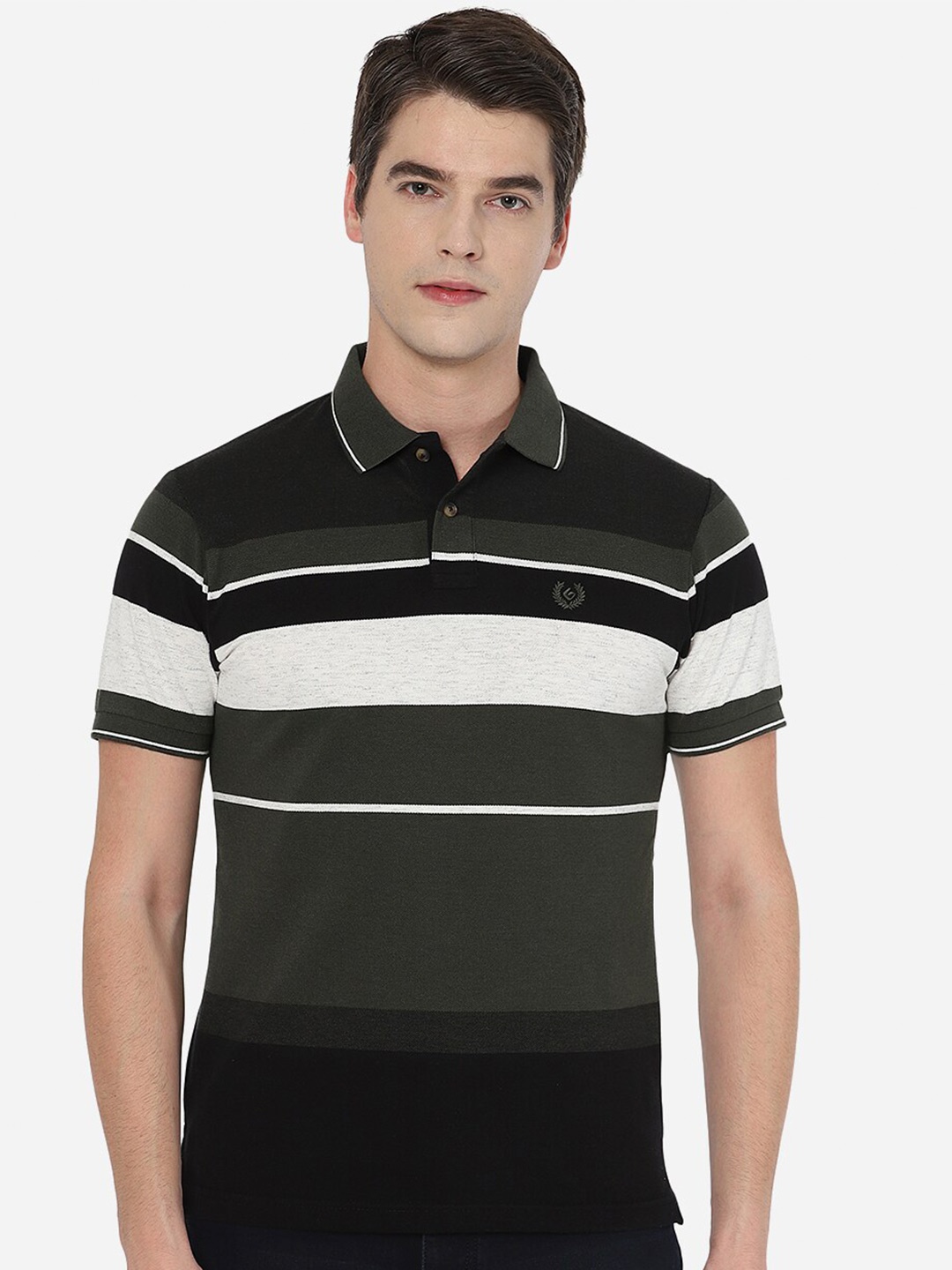 

Greenfibre Men Green & Black Colourblocked Polo Collar Slim Fit T-shirt