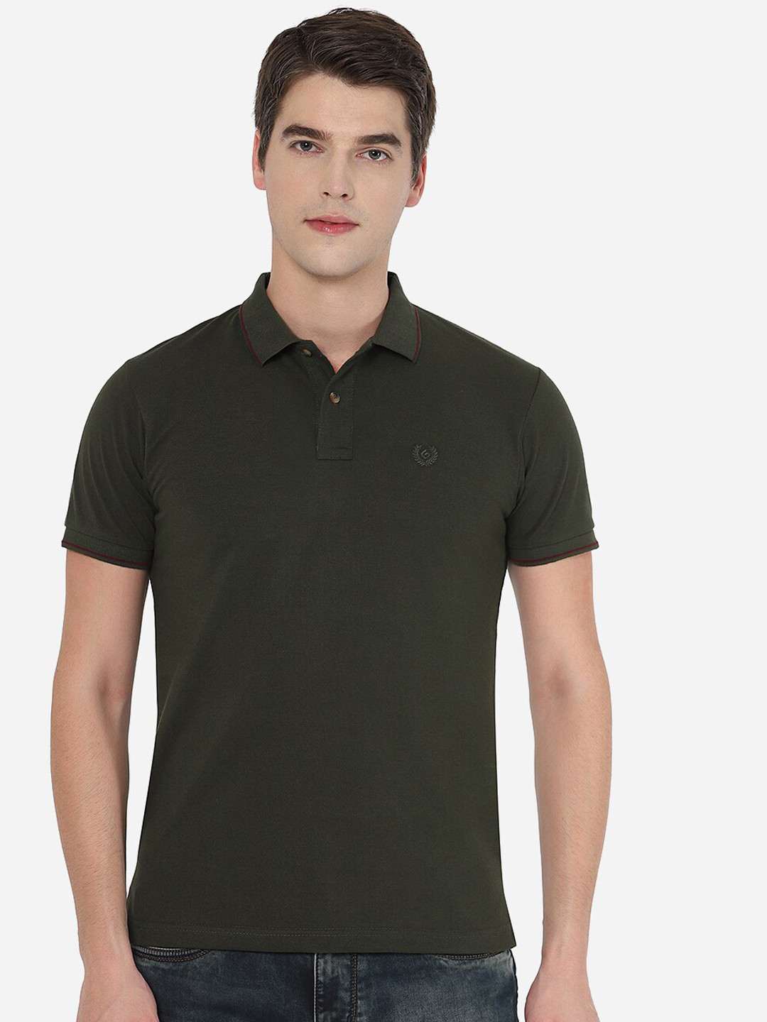 

Greenfibre Men Olive Green Cotton Polo Collar Slim Fit T-shirt