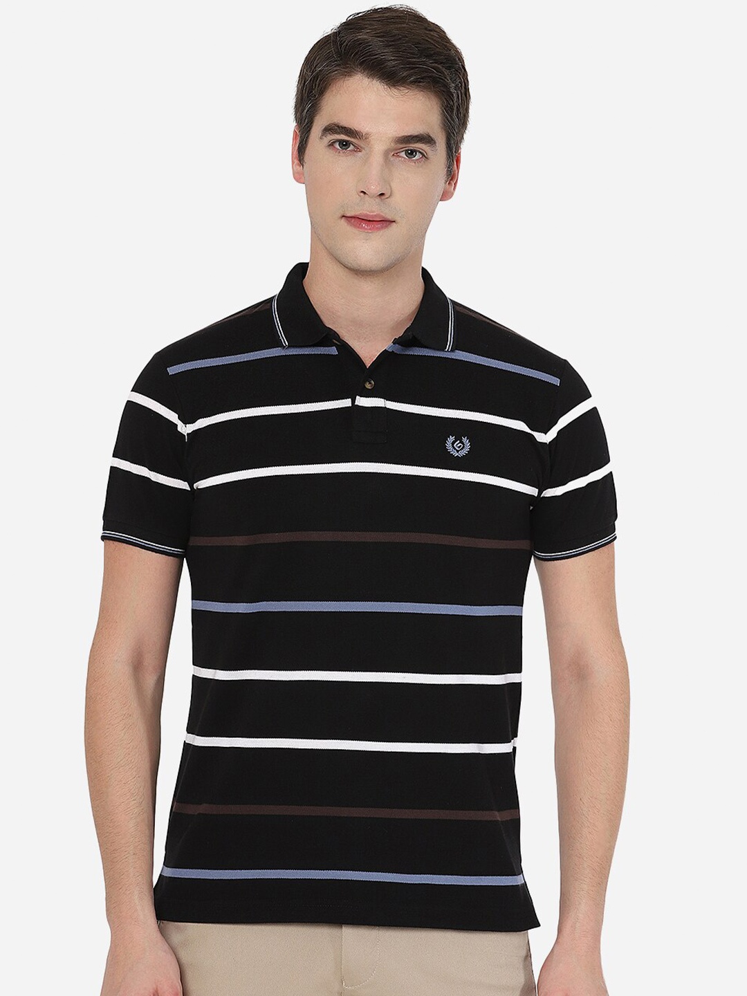 

Greenfibre Men Black Cotton Striped Polo Collar Slim Fit T-shirt