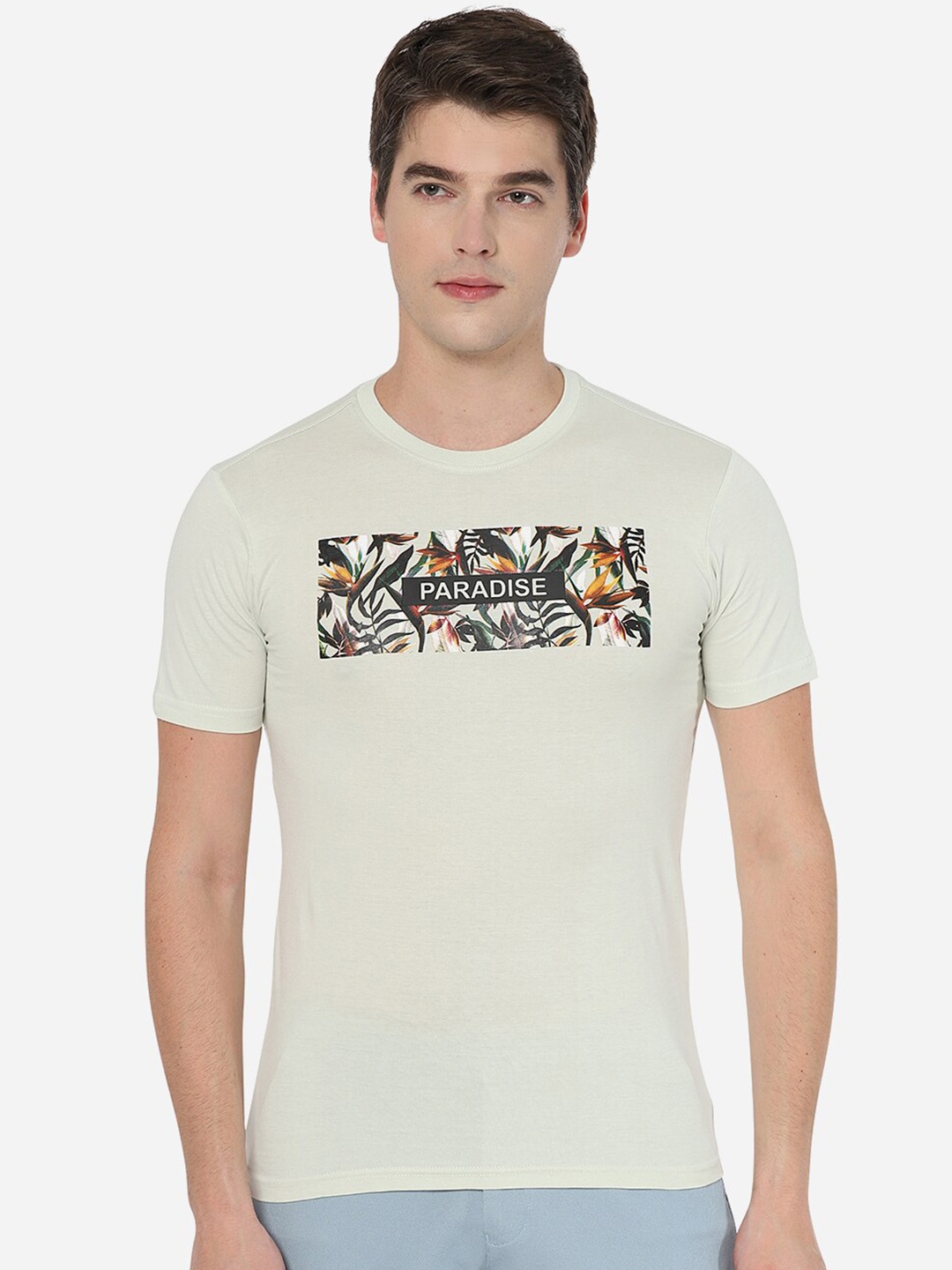 Greenfibre Men White Typography Printed Slim Fit T-shirt