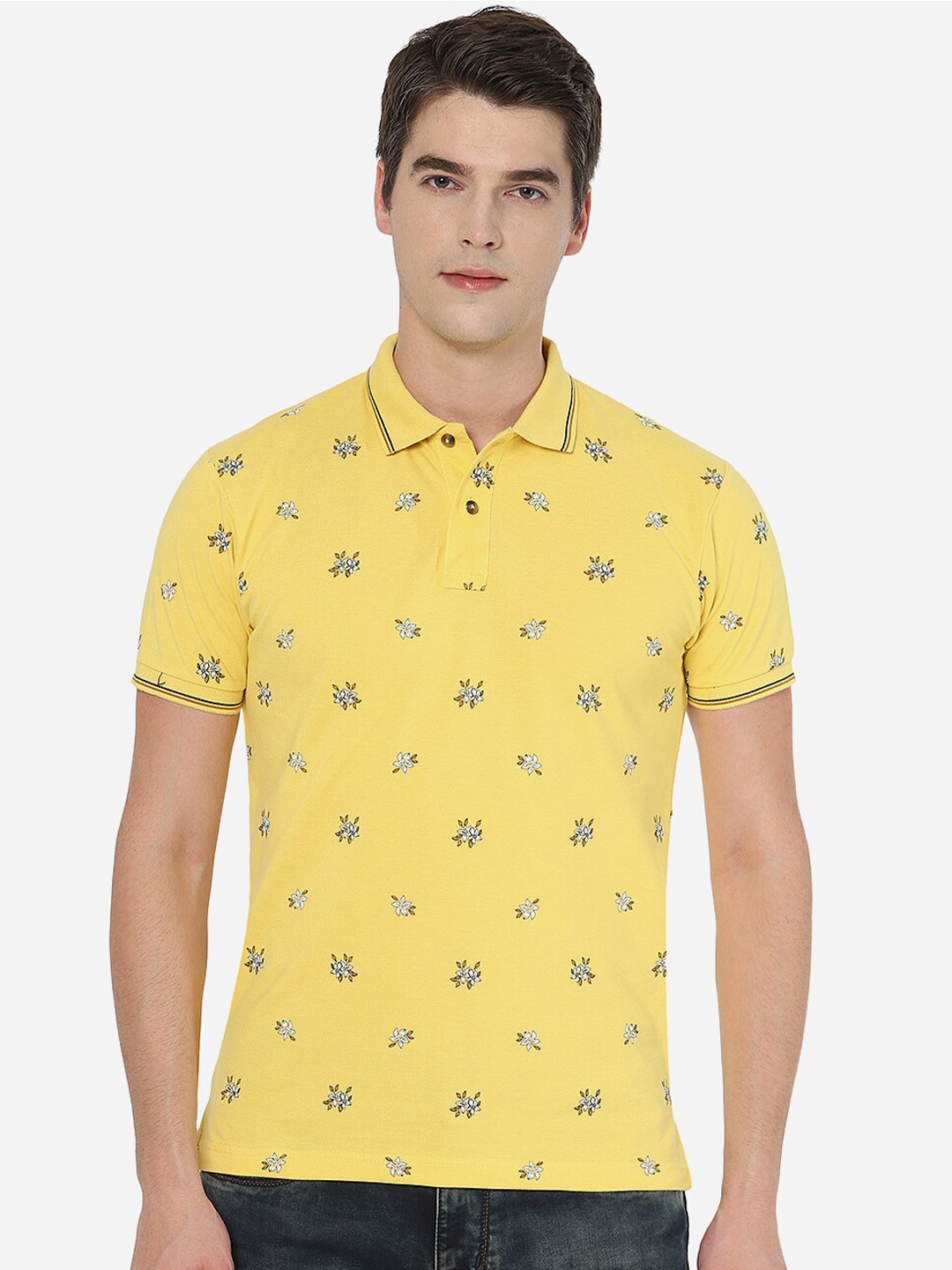 

Greenfibre Men Yellow Floral Printed Polo Collar Slim Fit T-shirt