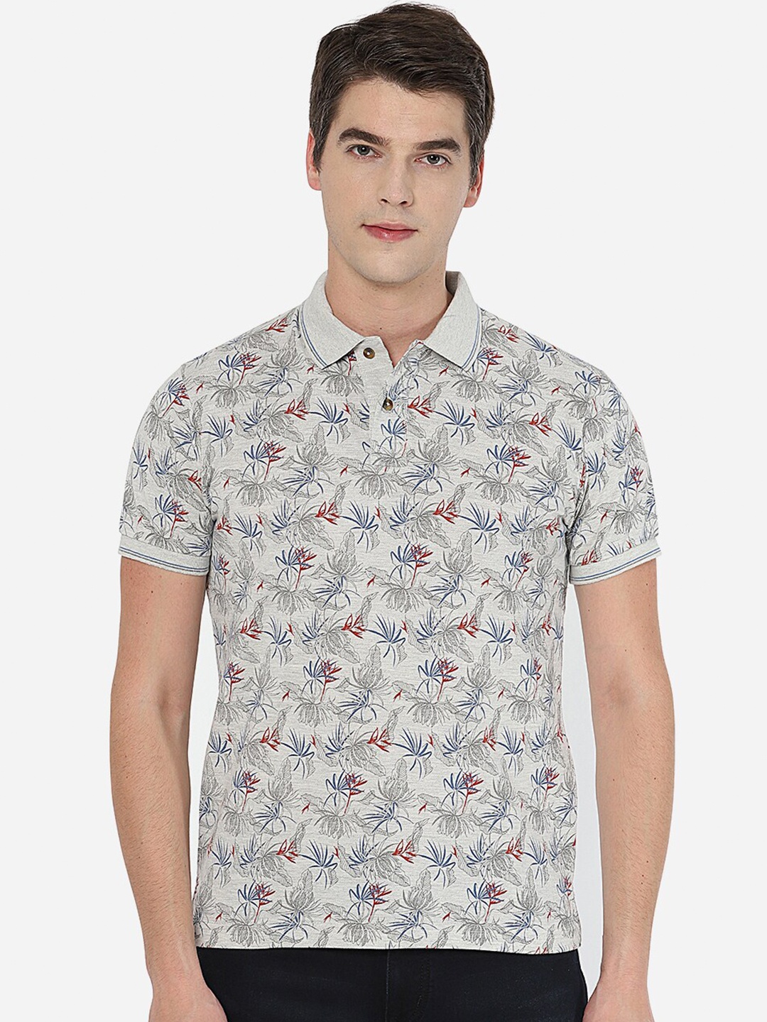 

Greenfibre Men Floral Printed Polo Collar Regular Fit Cotton T-shirt, Grey