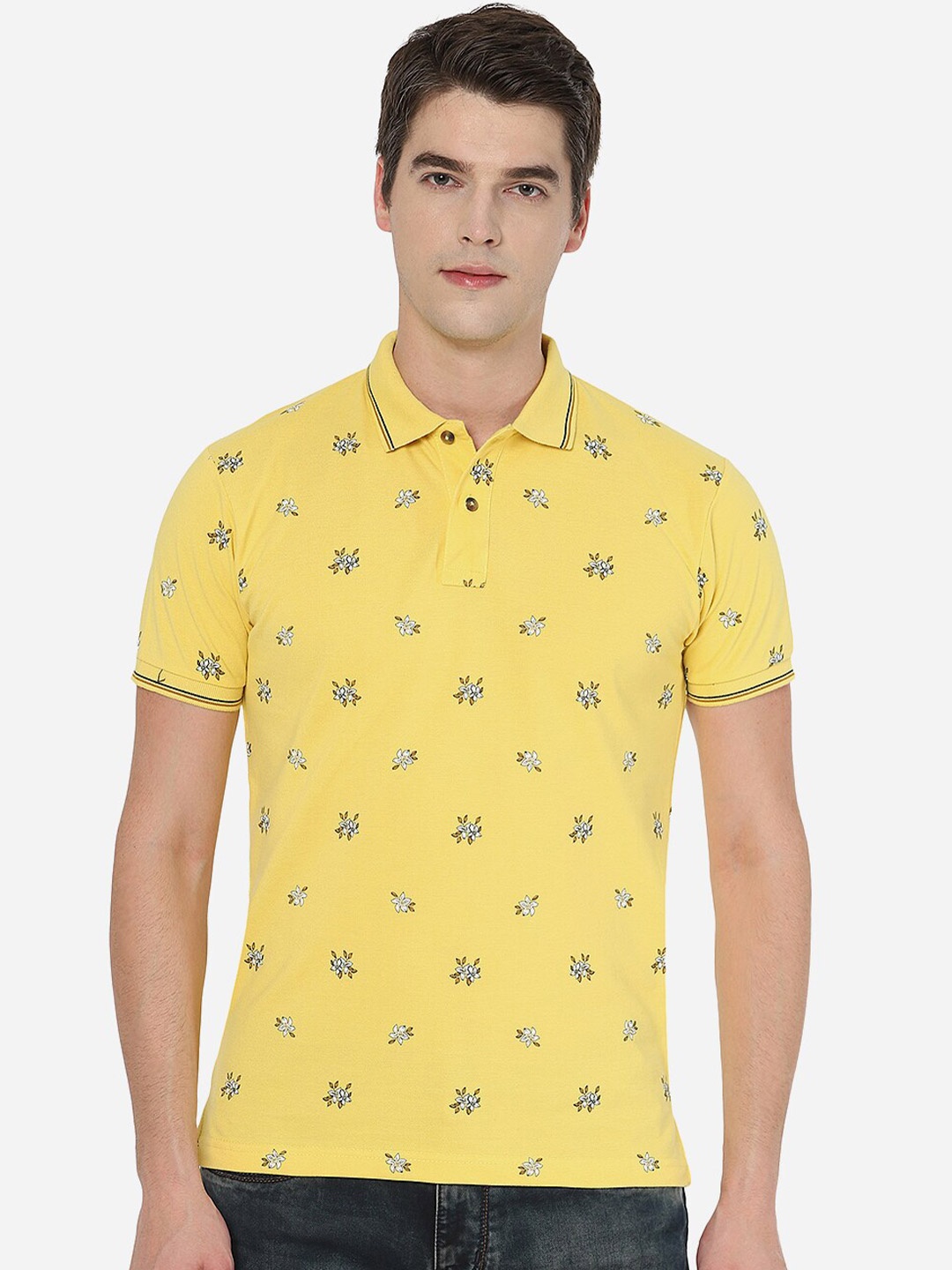 

Greenfibre Men Yellow Floral Printed Polo Collar Regular Fit Cotton T-shirt