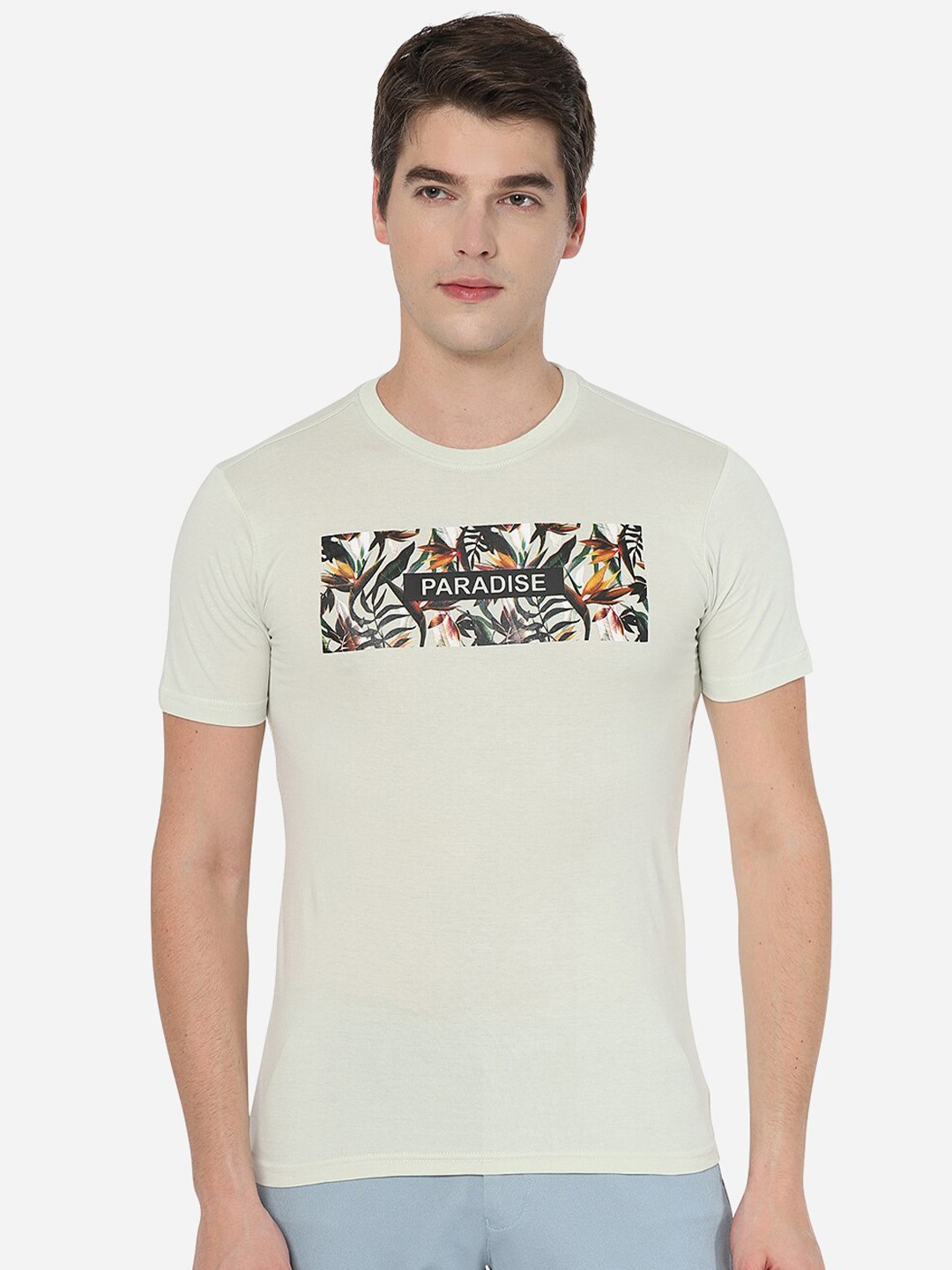 

Greenfibre Men Beige Printed Slim Fit Cotton T-shirt