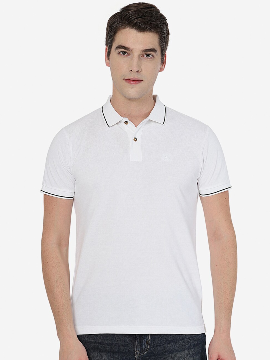 

Greenfibre Men White Polo Collar Cotton T-shirt