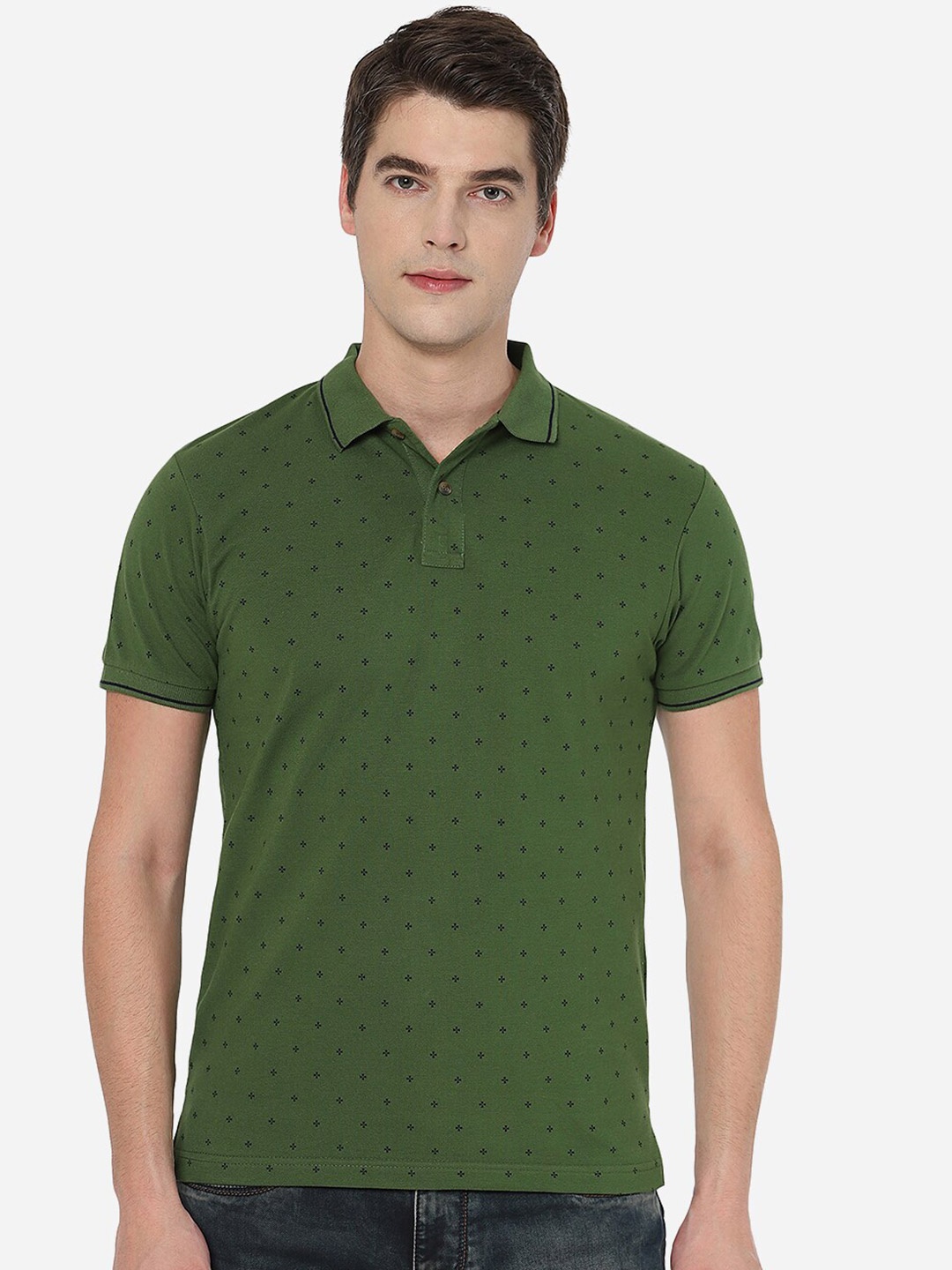 

Greenfibre Men Printed Polo Collar Cotton T-shirt, Green