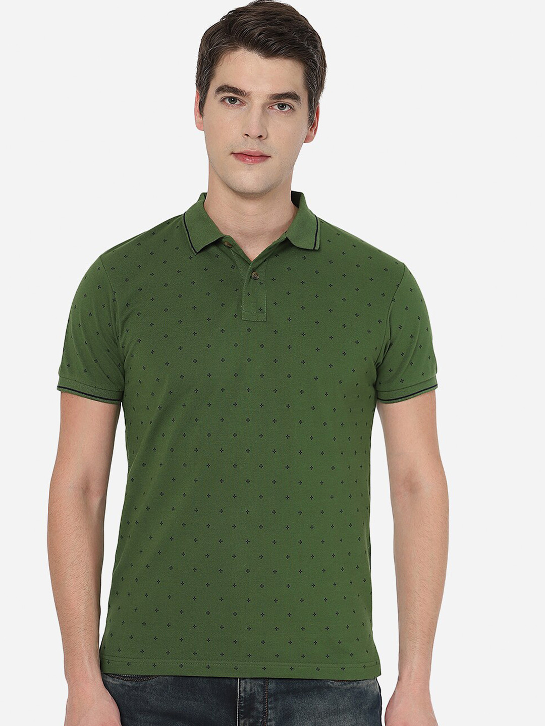

Greenfibre Men Green Printed Polo Collar Cotton T-shirt