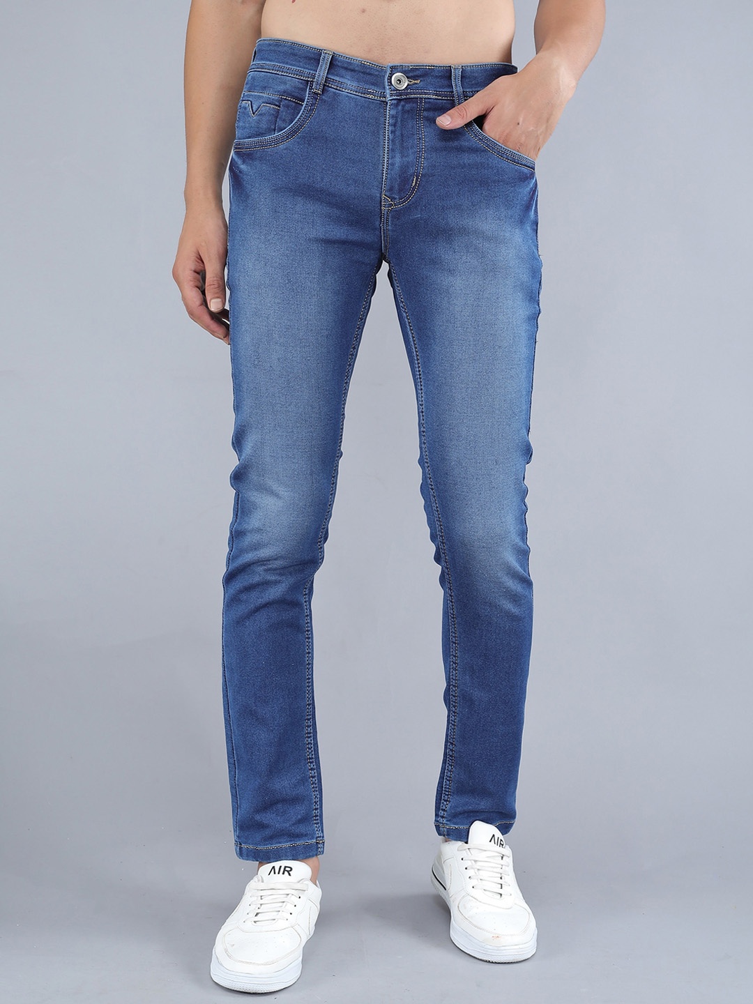 TQS Men Slim Fit Heavy Fade Stretchable Jeans, Blue