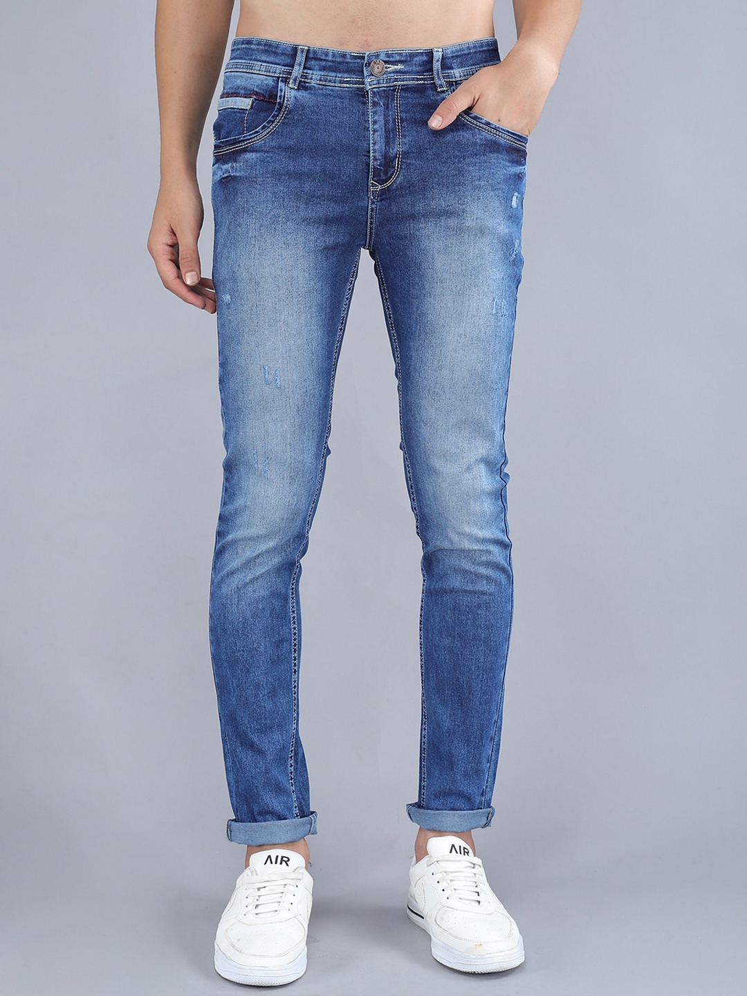 TQS Men Blue Slim Fit Low Distress Heavy Fade Stretchable Jeans
