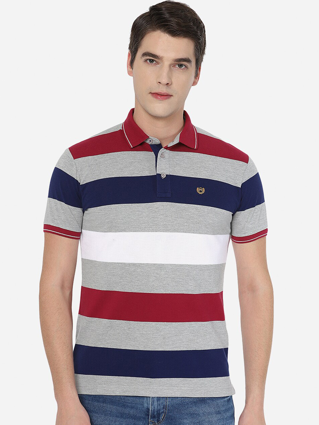 

JADE BLUE Men Striped Polo Collar Slim Fit Cotton T-shirt, Grey