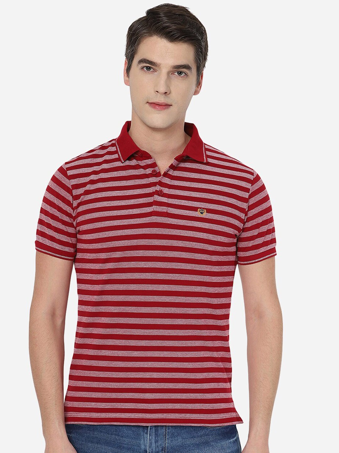 

JADE BLUE Men Red Striped Polo Collar Slim Fit T-shirt