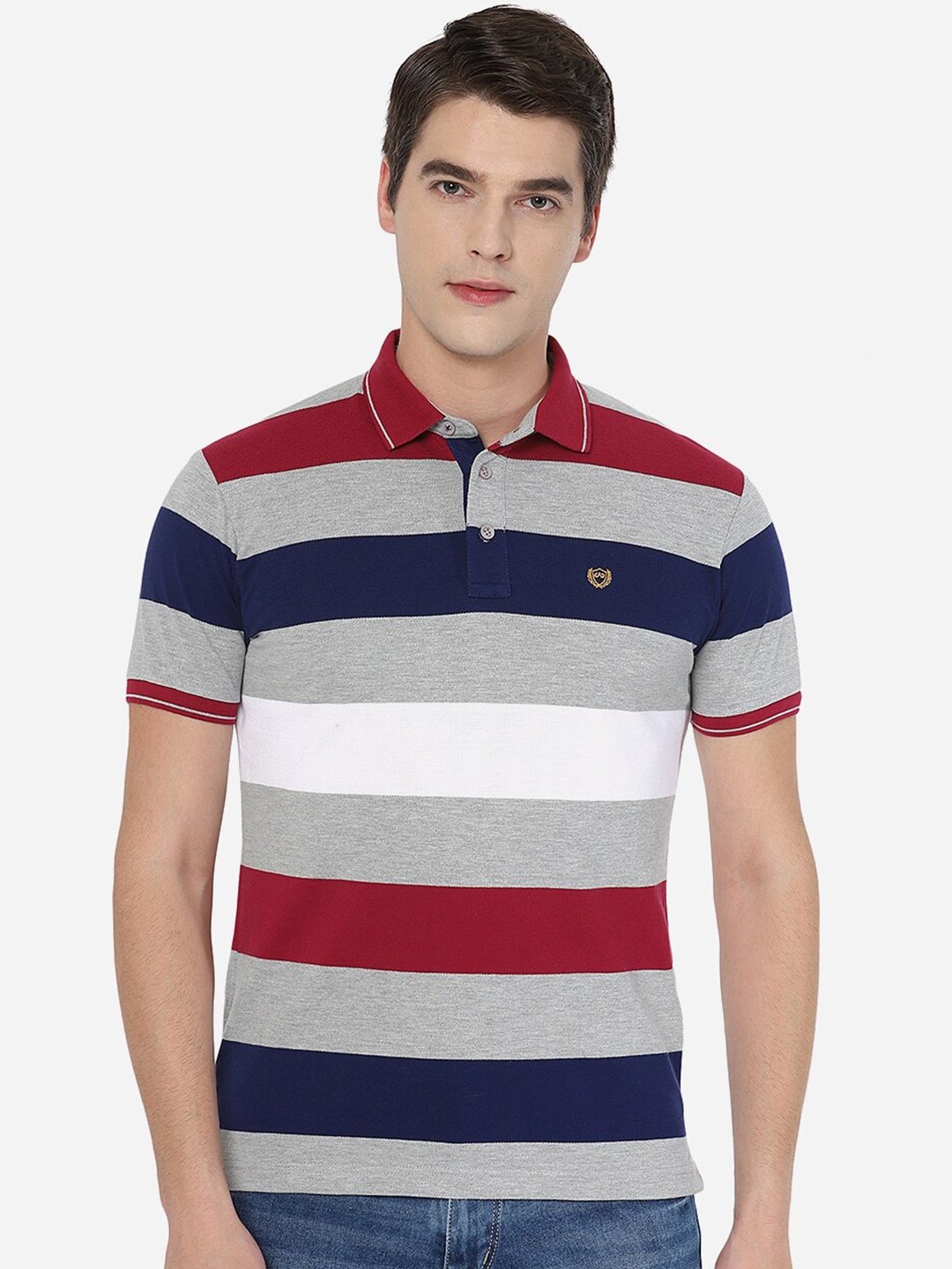 

JADE BLUE Men Striped Polo Collar Slim Fit Cotton T-shirt, Maroon
