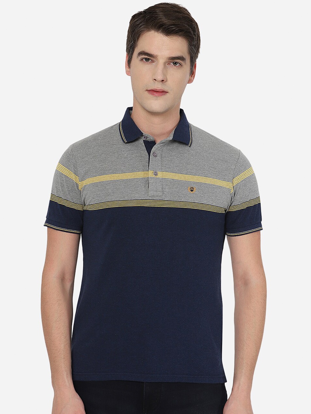 

JADE BLUE Men Blue Striped Polo Collar Slim Fit T-shirt