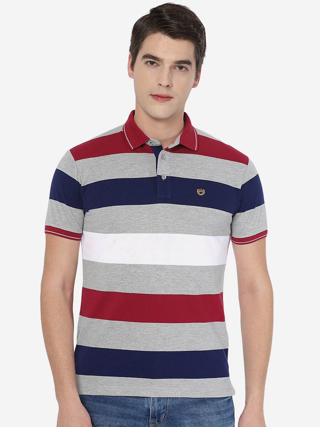 

JADE BLUE Men Striped Polo Collar Slim Fit Cotton T-shirt