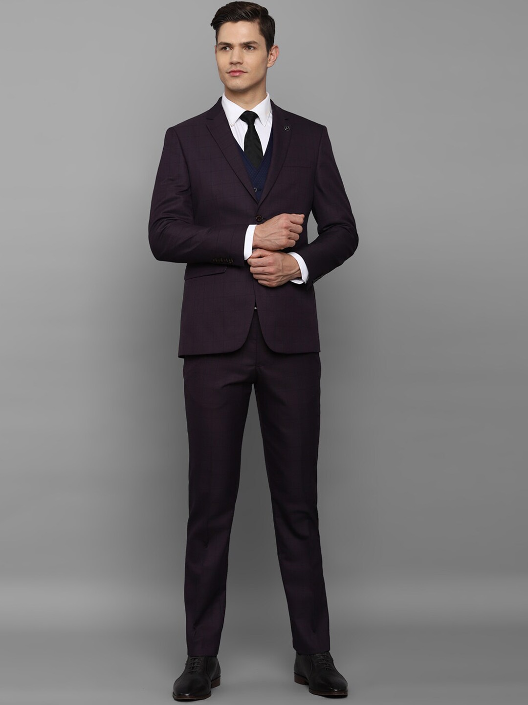 

Allen Solly Men Purple Checked Slim-Fit Single-Breasted Three-Piece Formal Suit