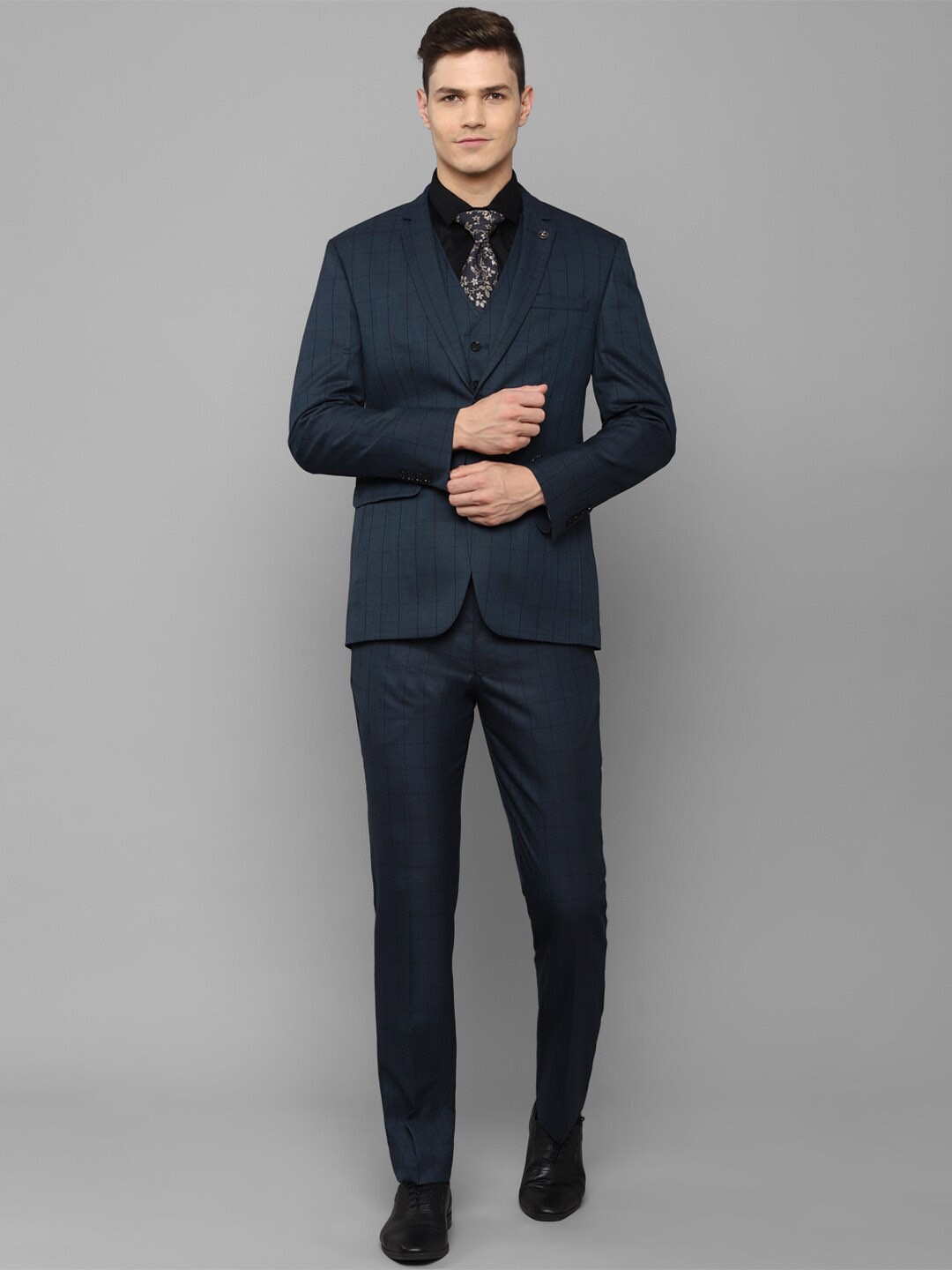 

Allen Solly Men Navy Blue Checked Slim-Fit Single-Breasted Three-Piece Formal Suit