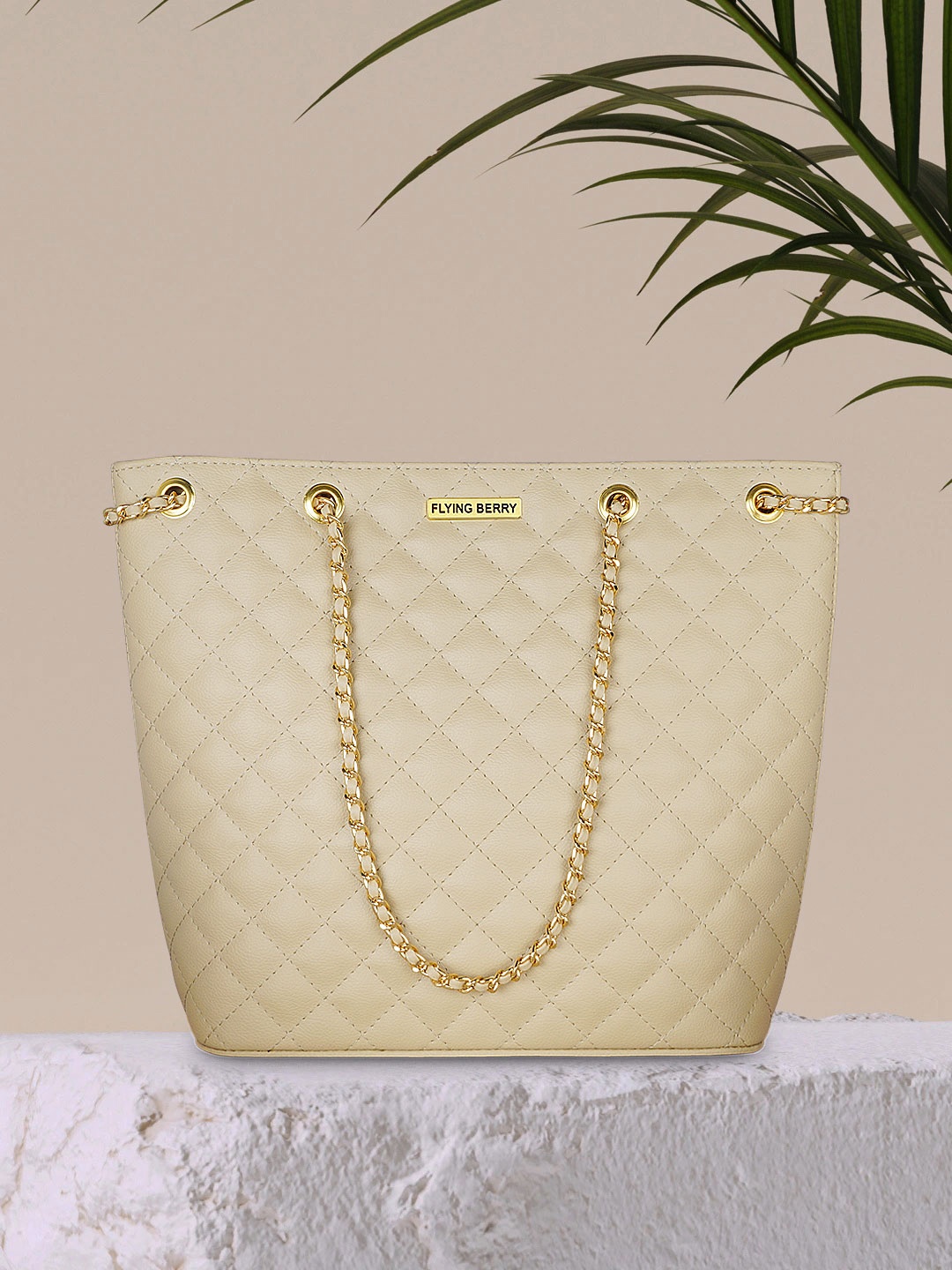 

FLYING BERRY Textured PU Structured with Quilted Shoulder Hand Bag, Beige