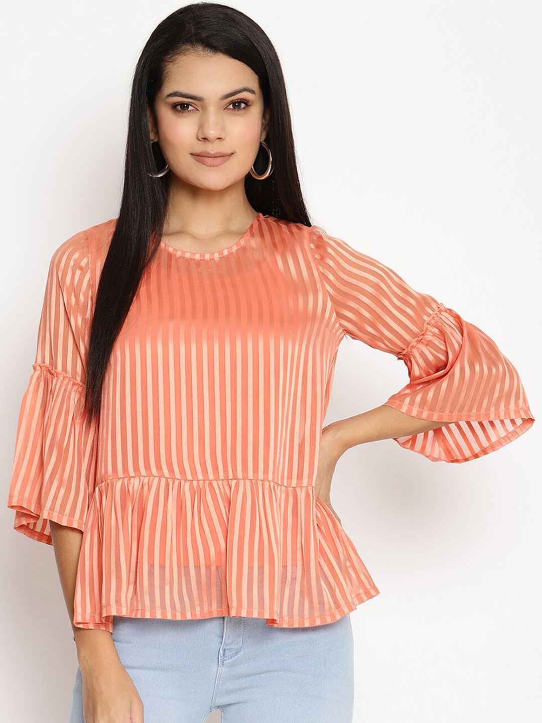 

HOUSE OF KKARMA Coral Striped Georgette Top