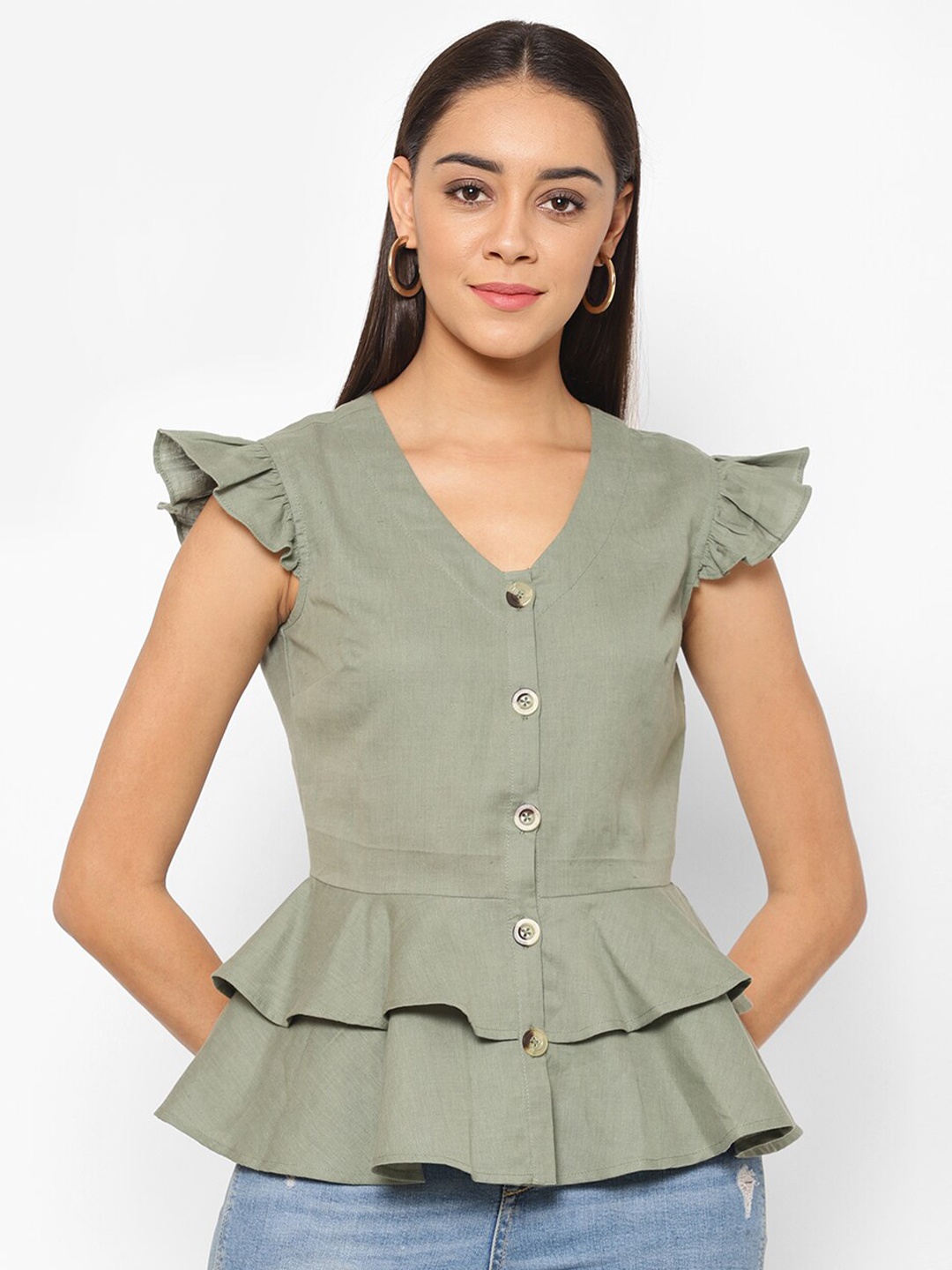 

HOUSE OF KKARMA Olive Green Peplum Top