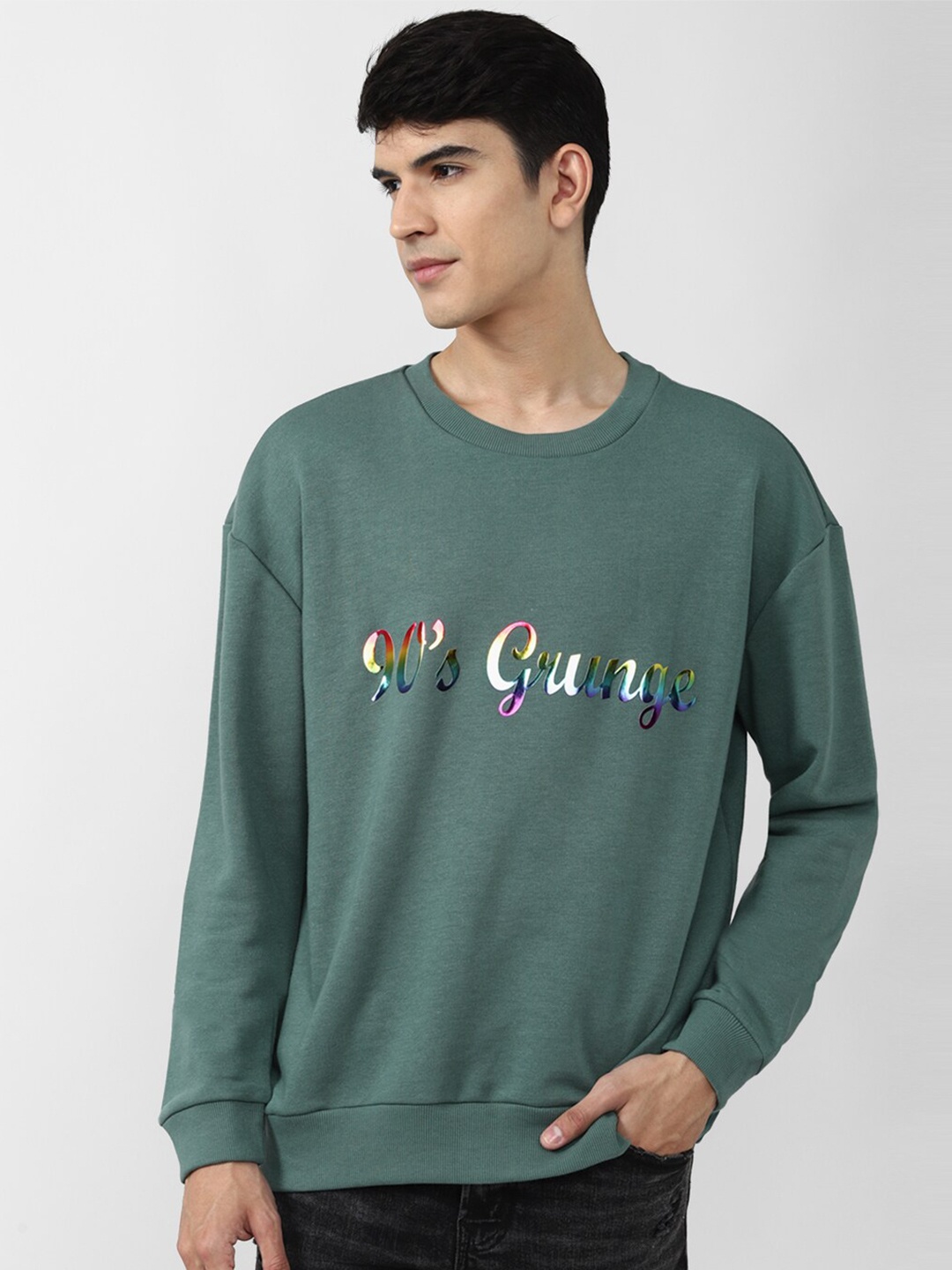 

FOREVER 21 Men Green Printed Sweatshirt