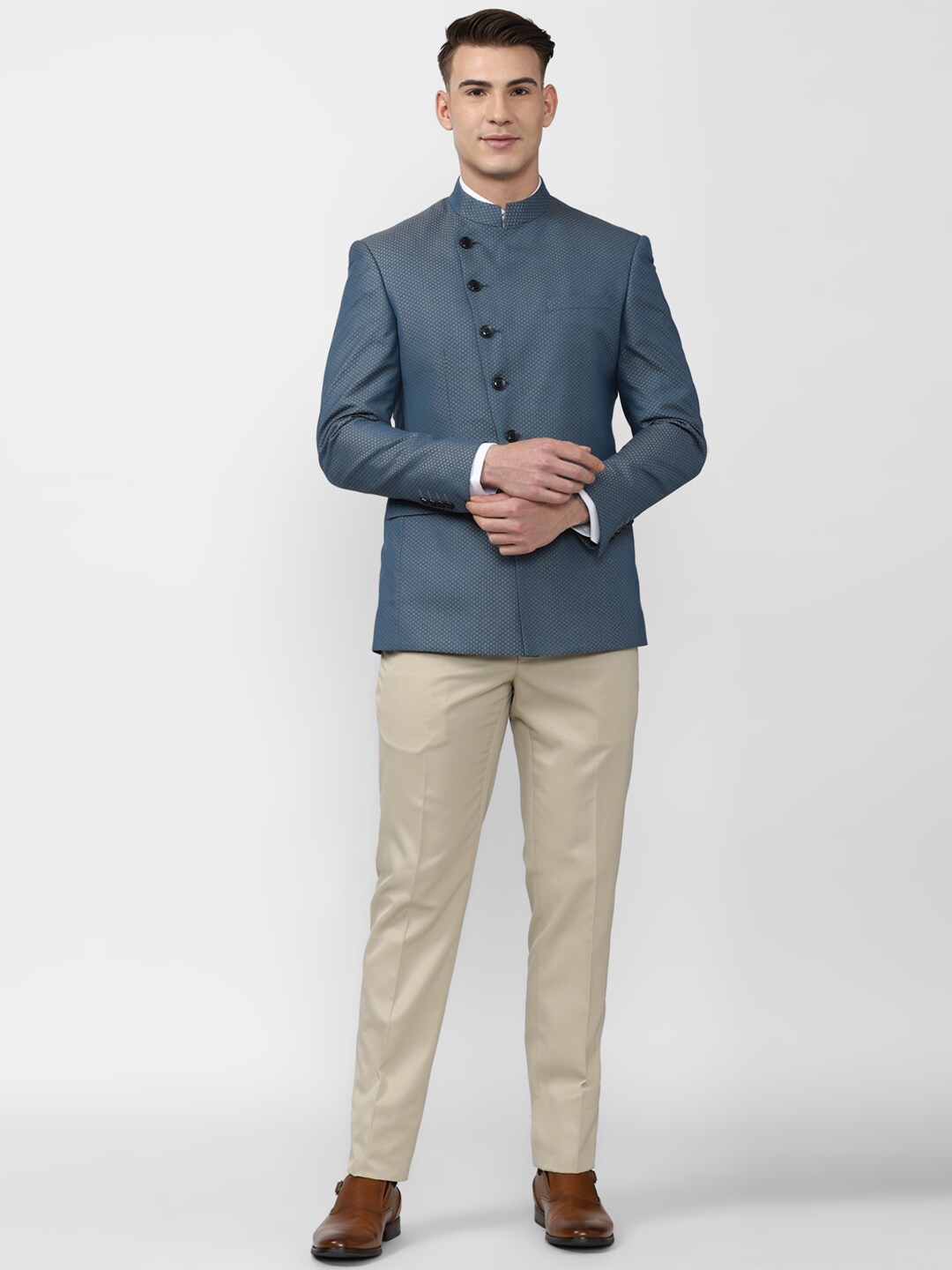 Peter England Elite Men Blue Self-Design Bandhgala Slim-Fit Two-Piece Suit