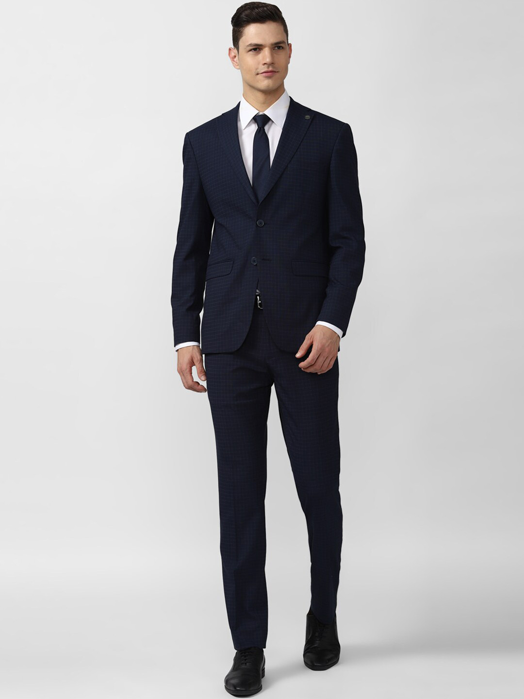

Peter England Elite Men Navy Blue Checked Pattern Single-Breasted 2-Piece Formal Suit