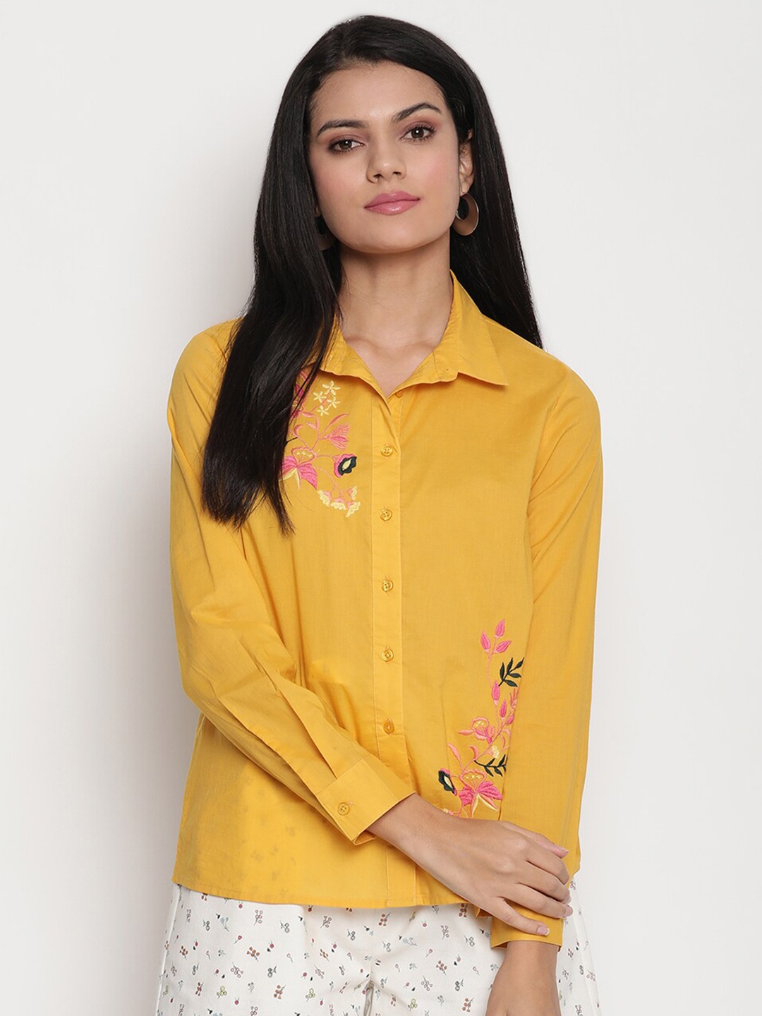 

HOUSE OF KKARMA Women Mustard Embroidered Casual Shirt