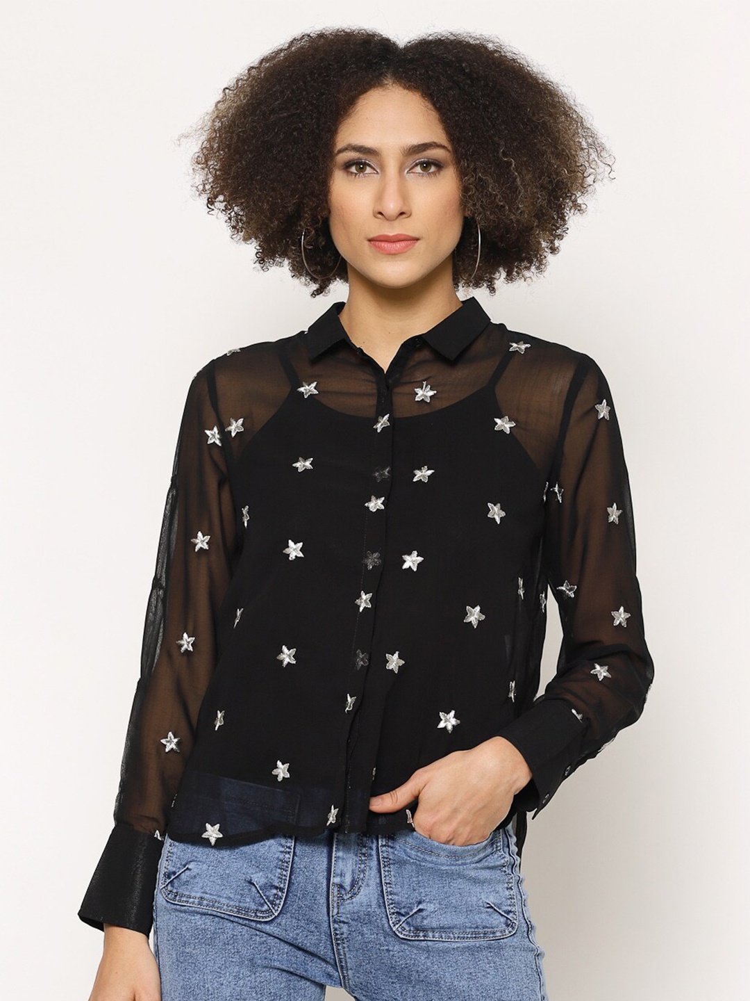 

HOUSE OF KKARMA Women Silver-Toned Slim Fit Sheer Casual Shirt