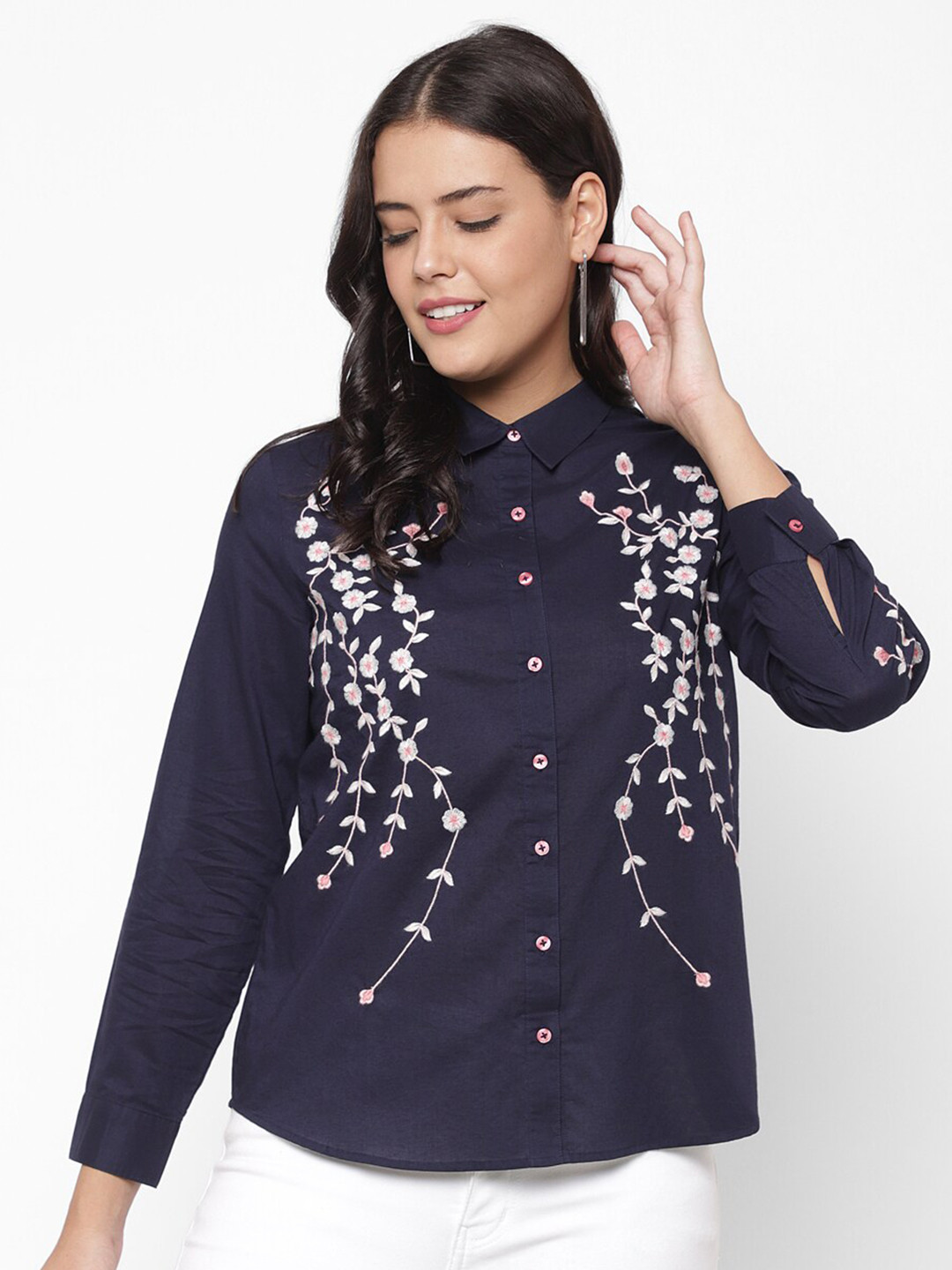 

HOUSE OF KKARMA Women Navy Blue Floral Embroidered Casual Shirt
