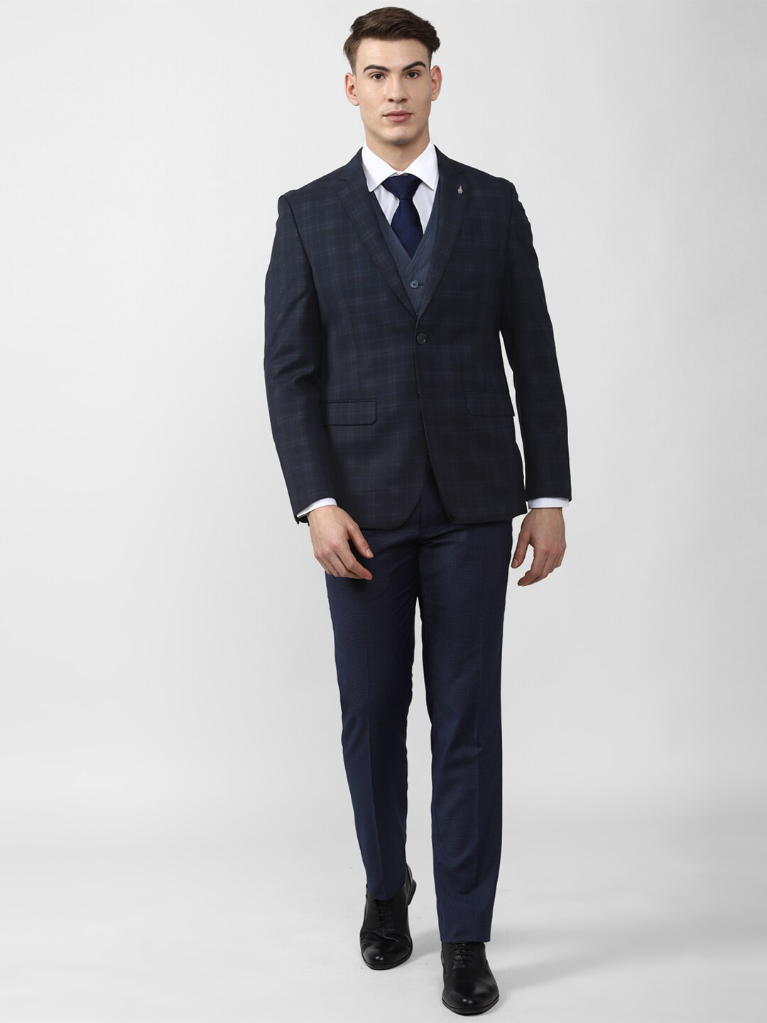 

Van Heusen Men Navy Blue Checked Slim-Fit Single-Breasted Three-Piece Formal Suit