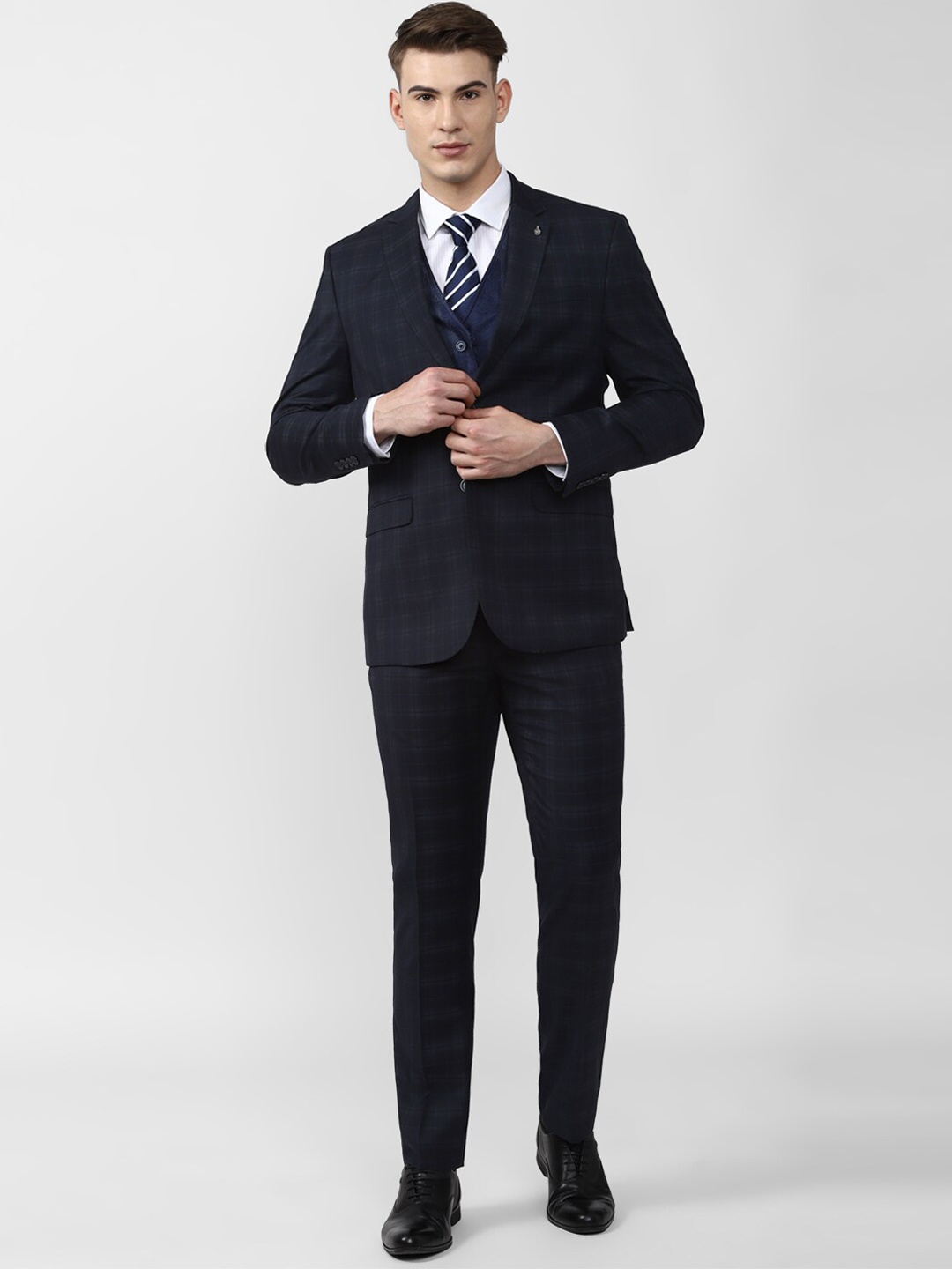 Van Heusen Men Navy Blue Checked Single-Breasted 3 Piece Formal Suit