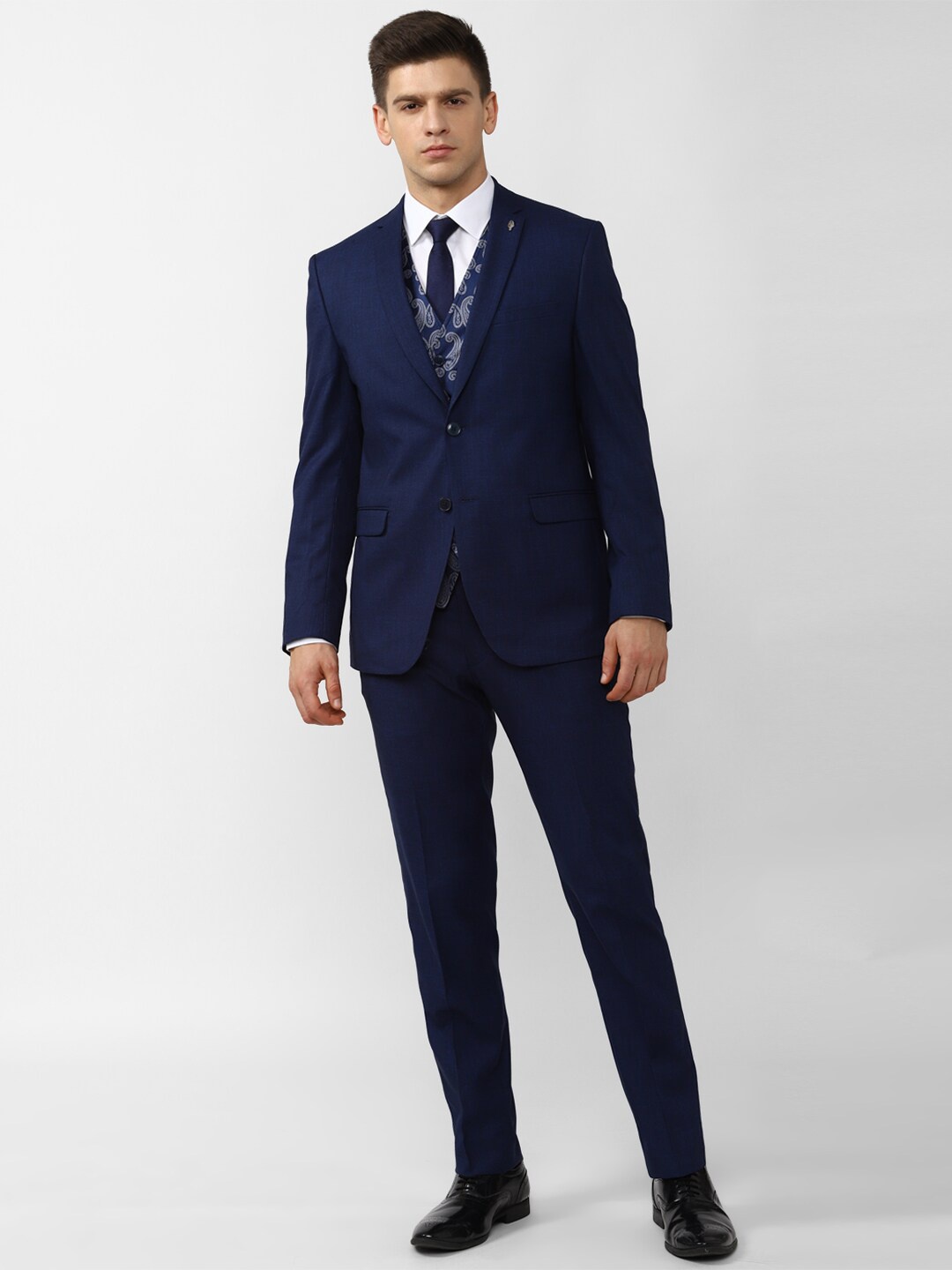 

Van Heusen Men Navy Blue Self-Design Slim-Fit Single-Breasted Three-Piece Formal Suit