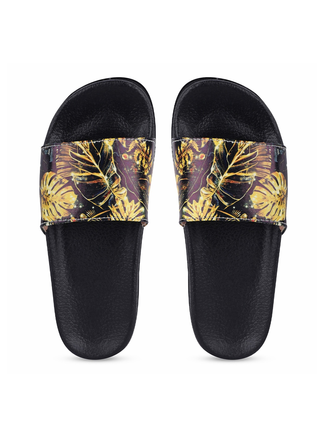 

AMACLASS Women Black & Mustard Printed Slip-On Sliders