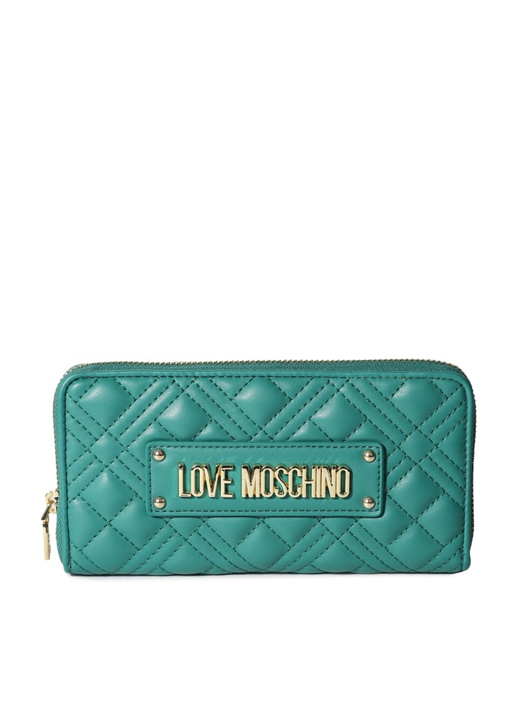 LOVE MOSCHINO Women Textured Quilted PU Zip Around Wallet, Green