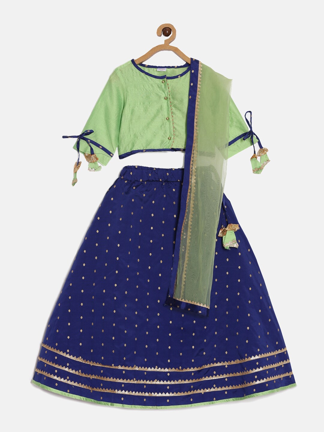 

Aomi Girls Navy Blue & Green Printed Ready to Wear Lehenga & Blouse With Dupatta
